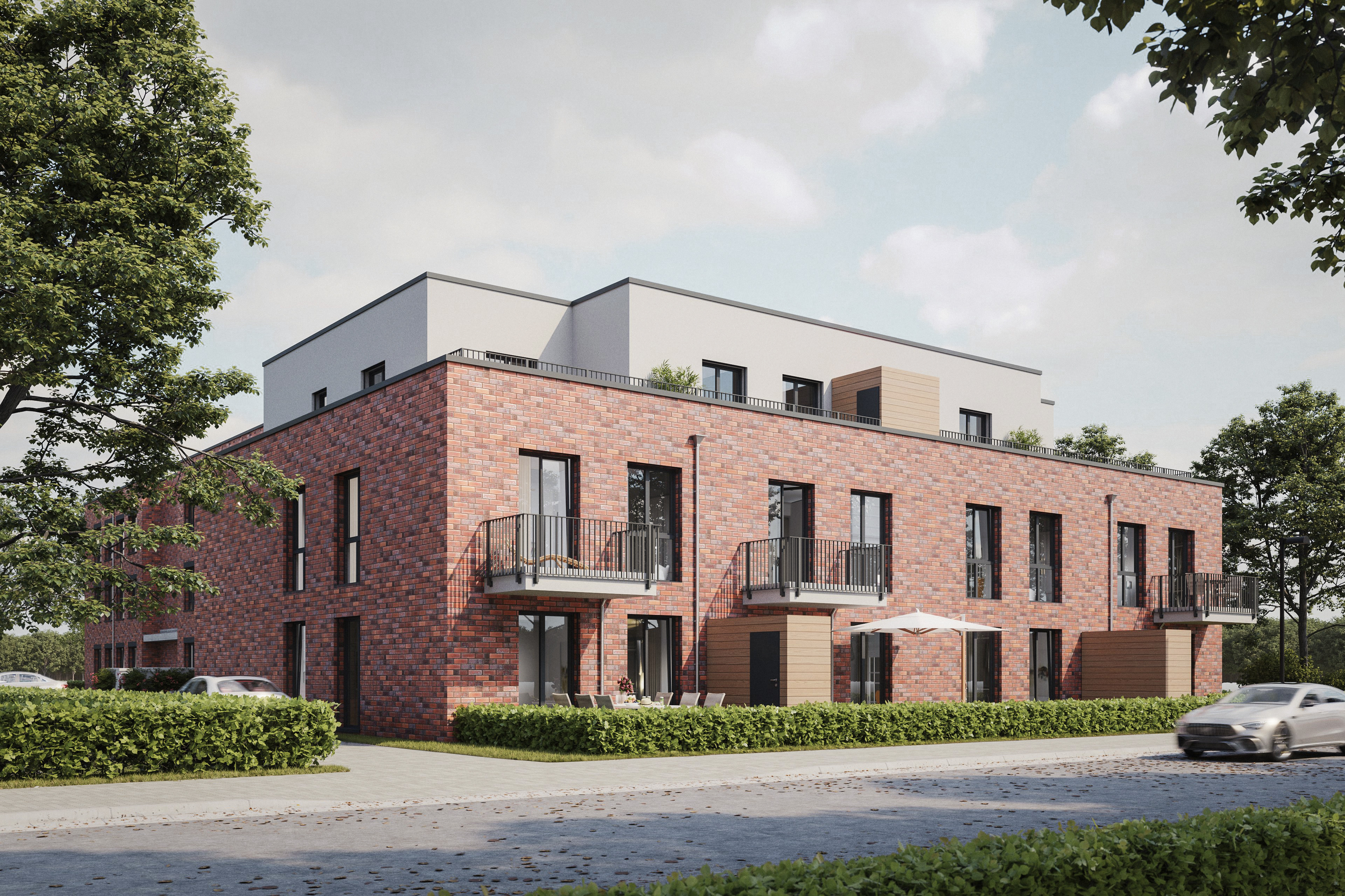 Architektur-Rendering eines modernen Mehrfamilienhauses mit roter Ziegelsteinfassade, Balkonen und einer begrünten Umgebung an einem sonnigen Tag, visualisiert für eine effektive Architekturpräsentation.