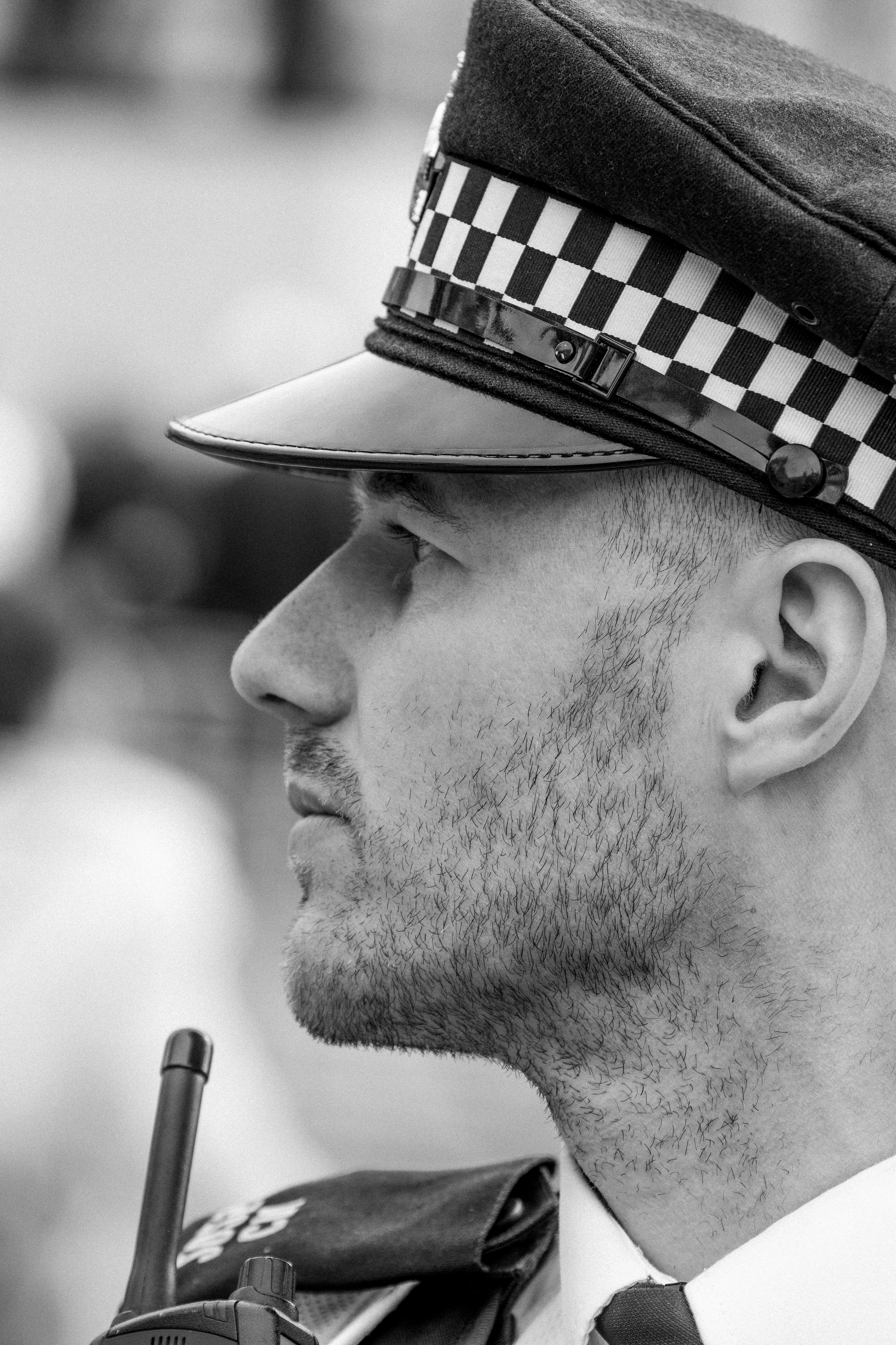 Policeman, black and white, protest, London