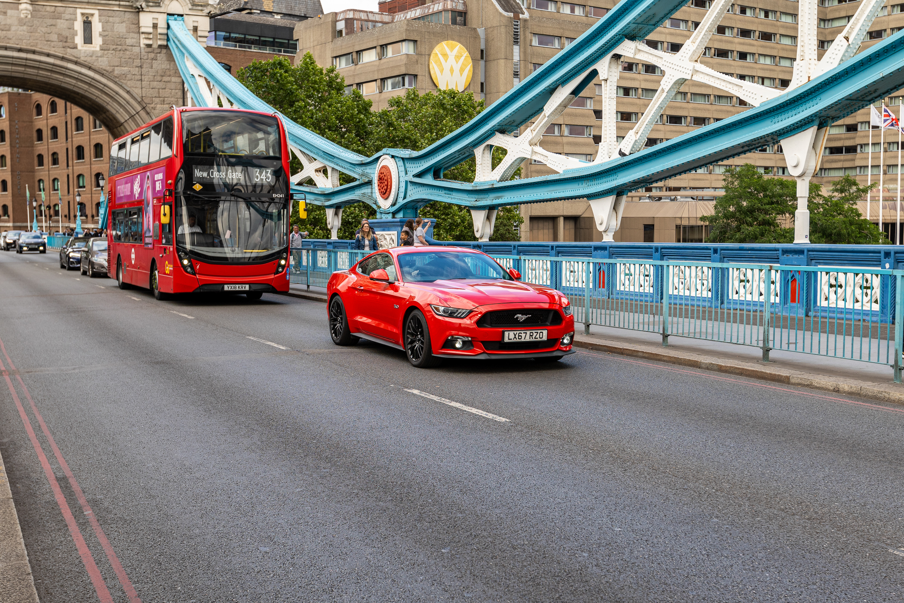 London, red bus, mustang