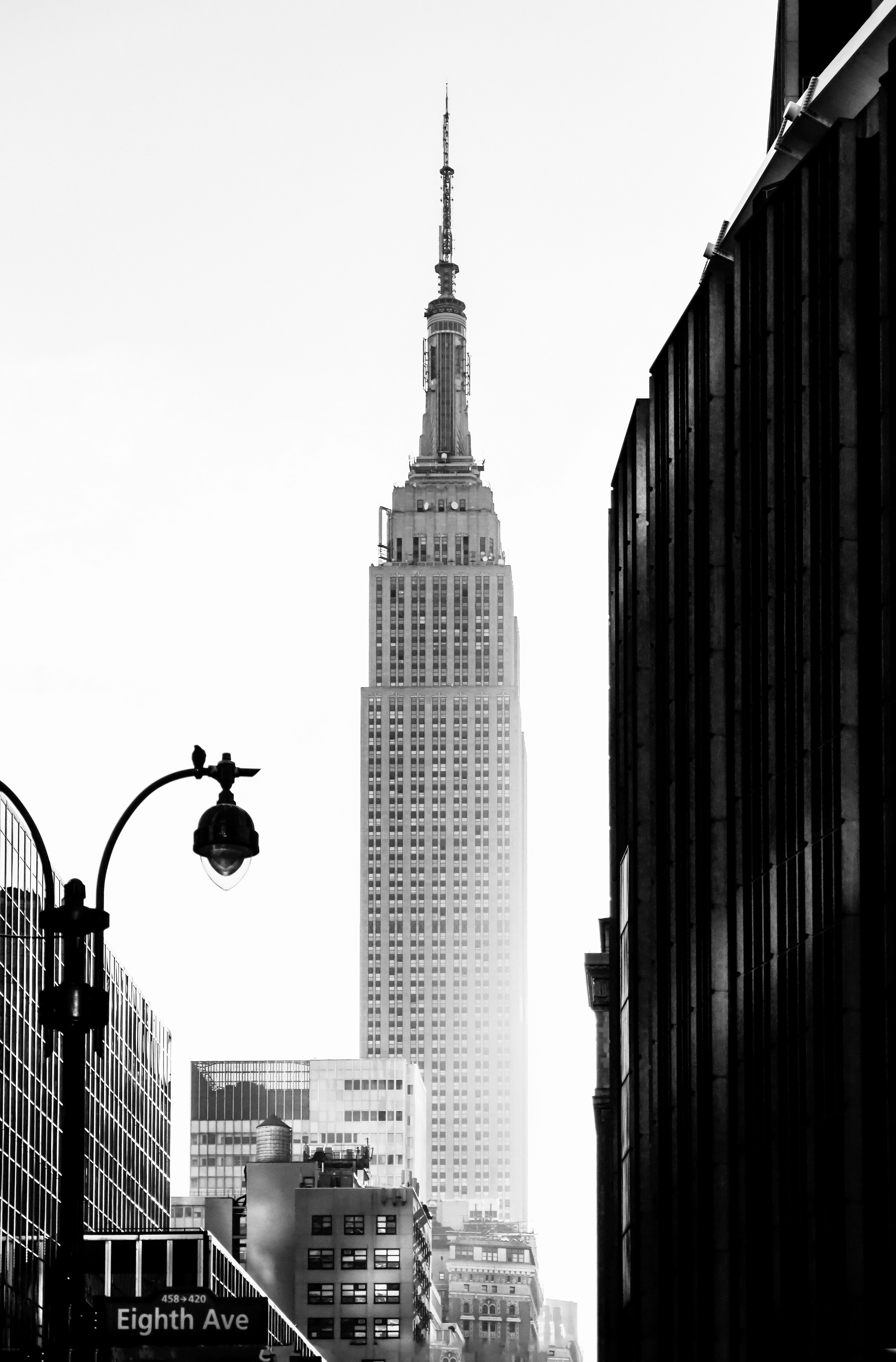 The Empire State Building as seen from Eighth Street in NYC in Black & White