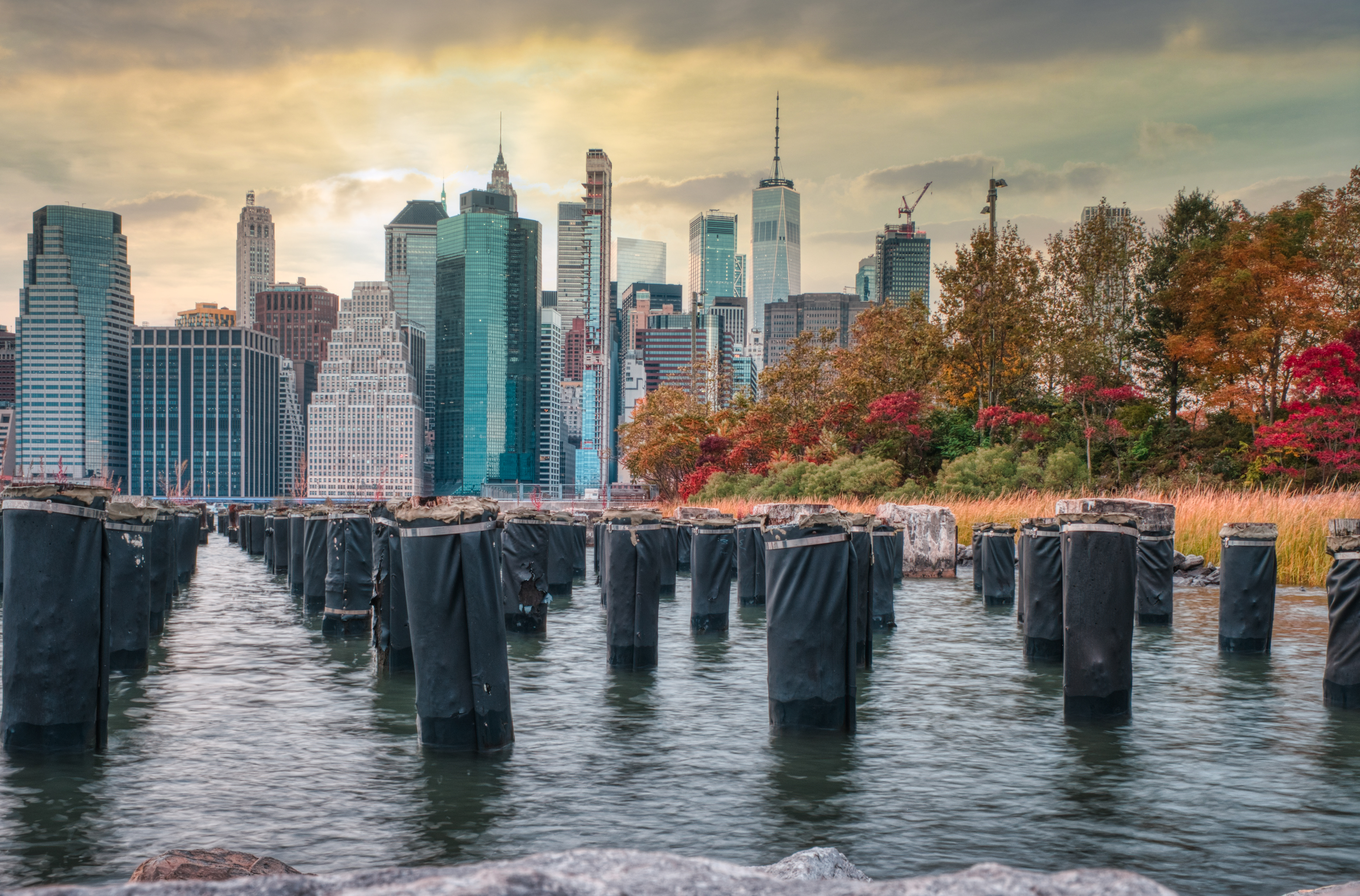 A colorful autumn sunset from Pier 5 overlooking Manhattan.