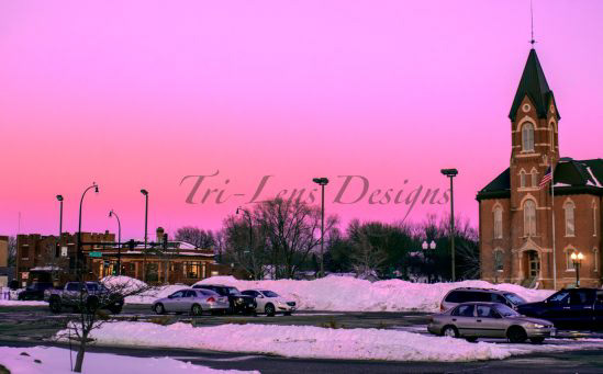 HDR Downtown St. Peter, MN Sunset Downtown towards MN River in Family Fresh parking lot mid-winter