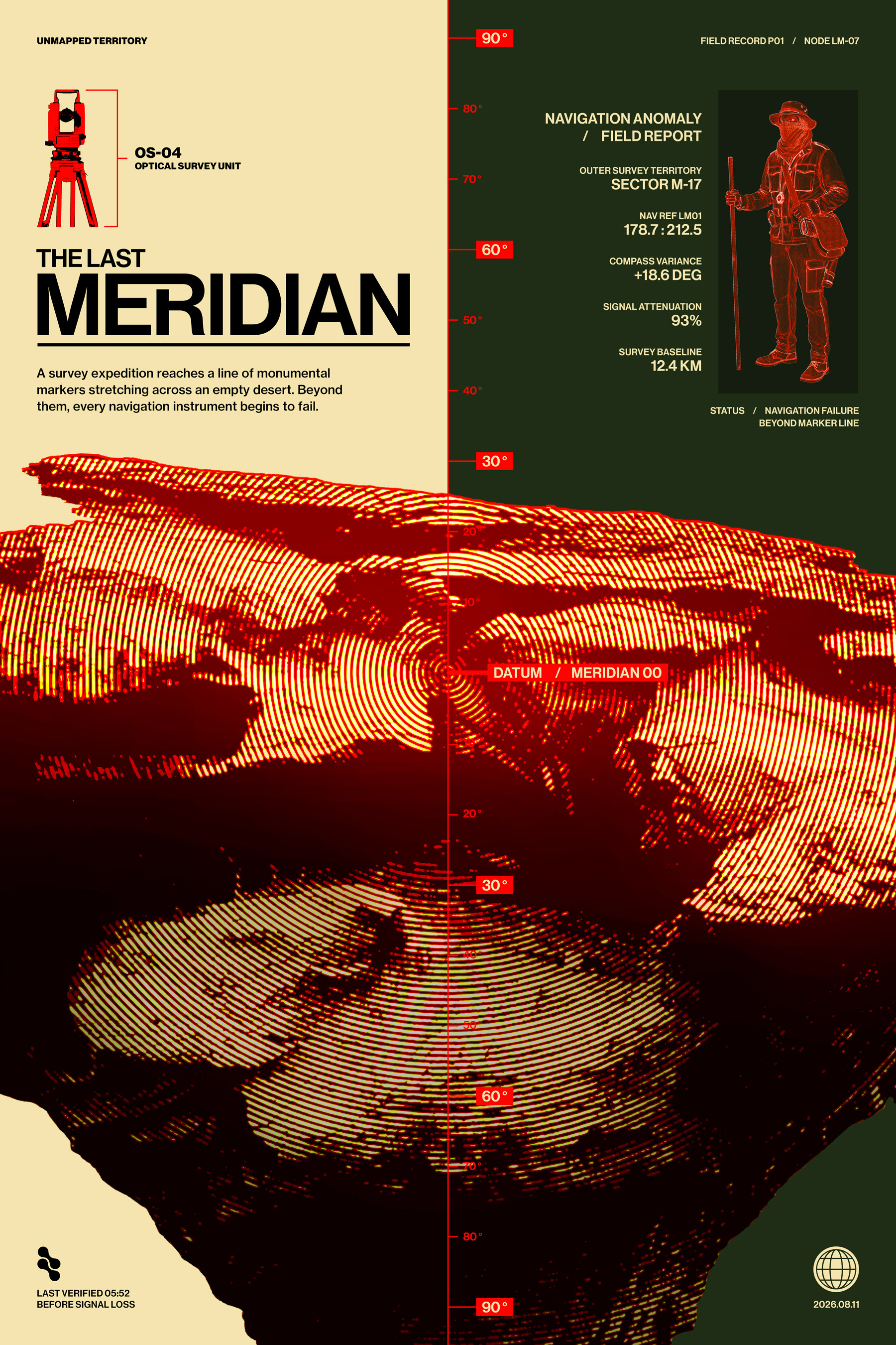 System & Data Integration: Survey graphics, the central meridian axis, split-field structure, and navigation metadata are introduced to connect the imagery with the fictional reporting system.