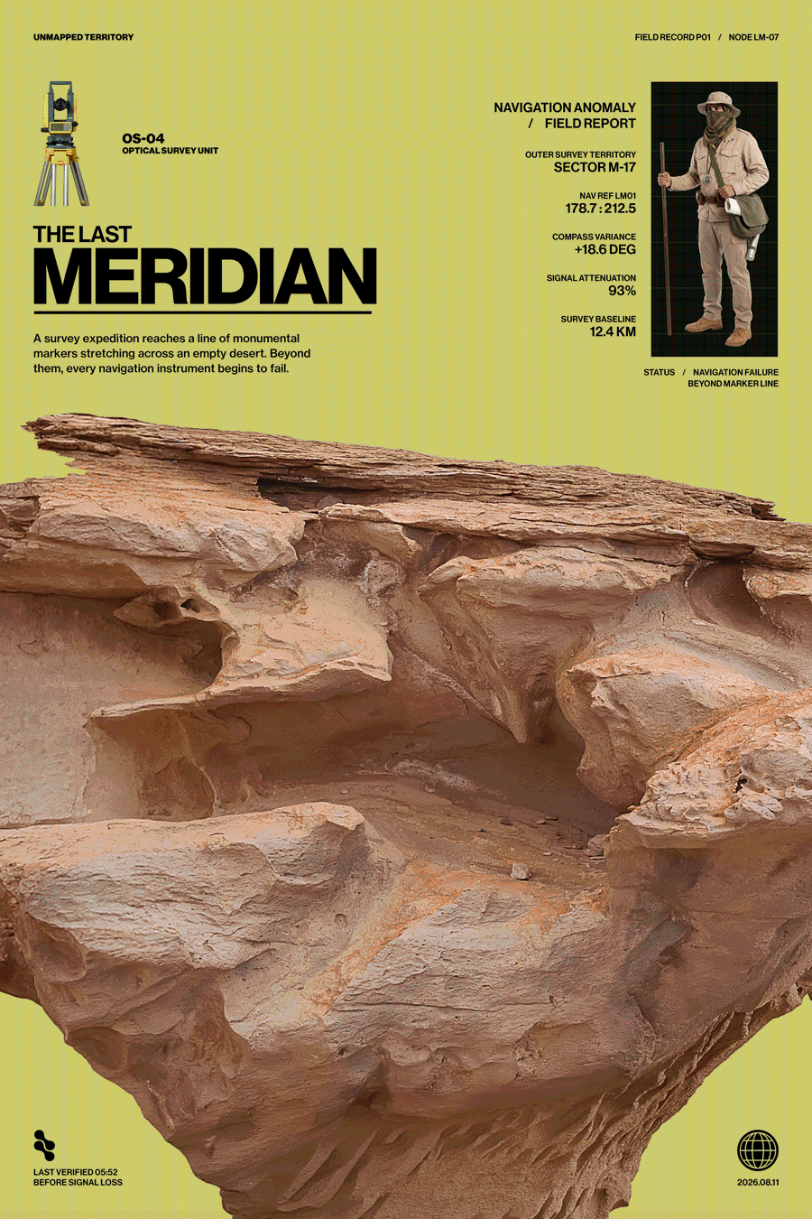 Animated progression showing The Last Meridian evolving from photographic source imagery into the finished field-report poster system.