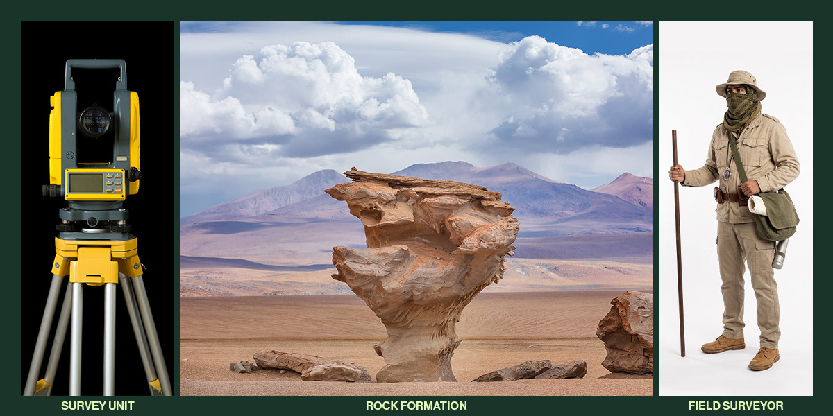 Source imagery for The Last Meridian showing an optical survey unit, eroded rock formation, and field surveyor before graphic processing.