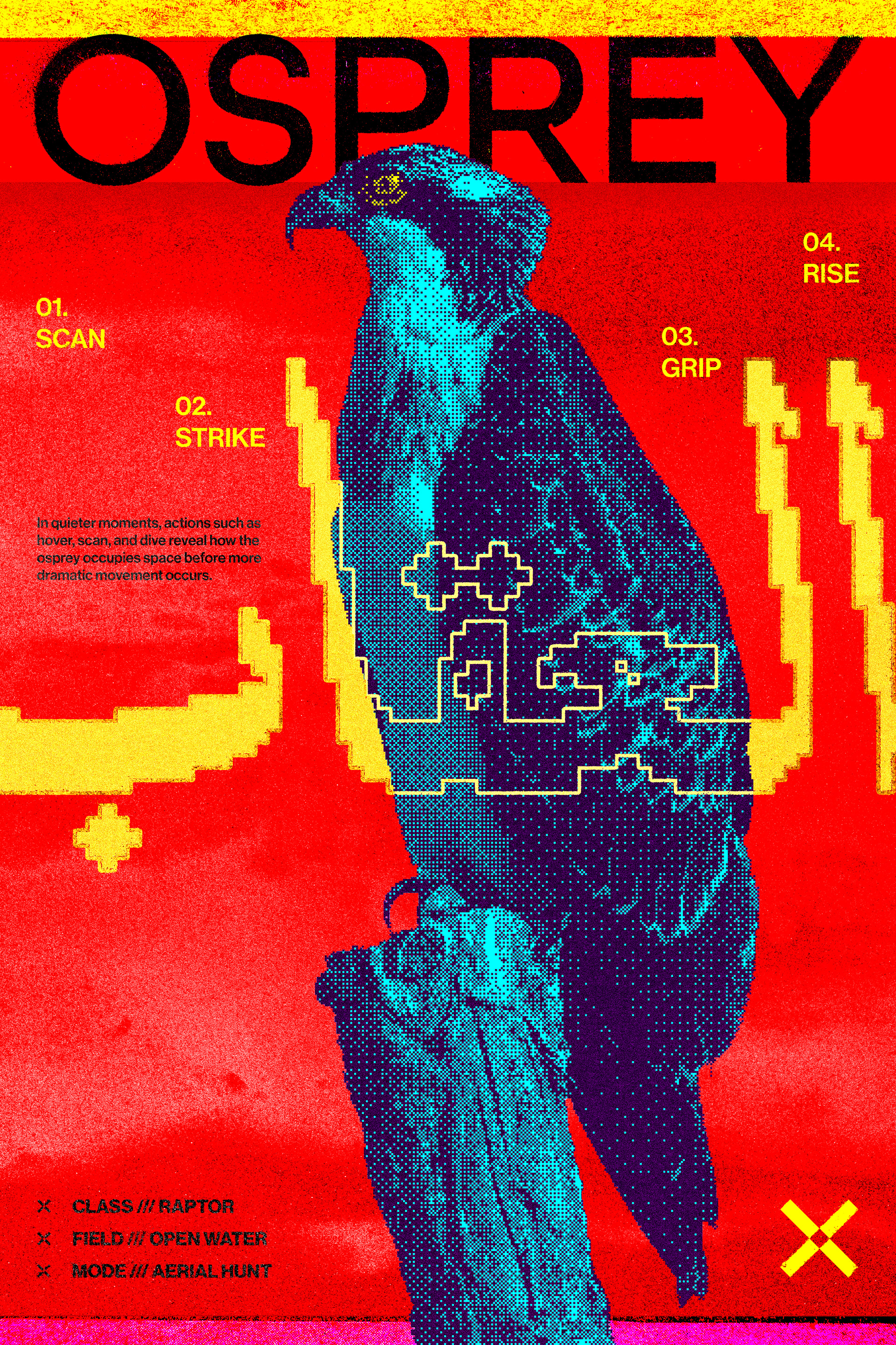 Osprey poster featuring a large blue bitmap bird on a red background with yellow action labels, pixel structures, and technical tracking graphics.