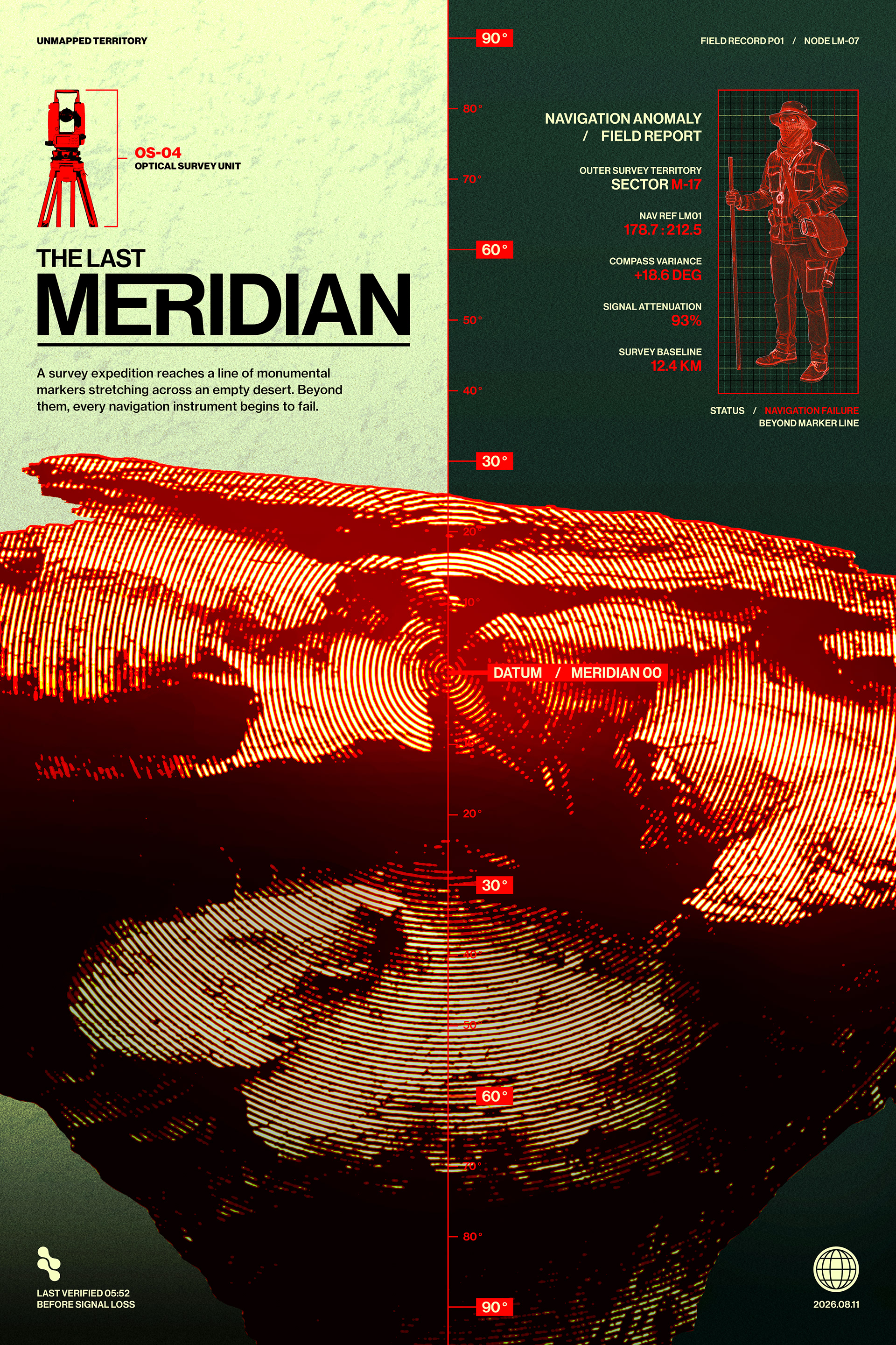 The Last Meridian poster with acid-green and dark-green fields, red survey graphics, a field surveyor, and high-contrast bitmap desert terrain.