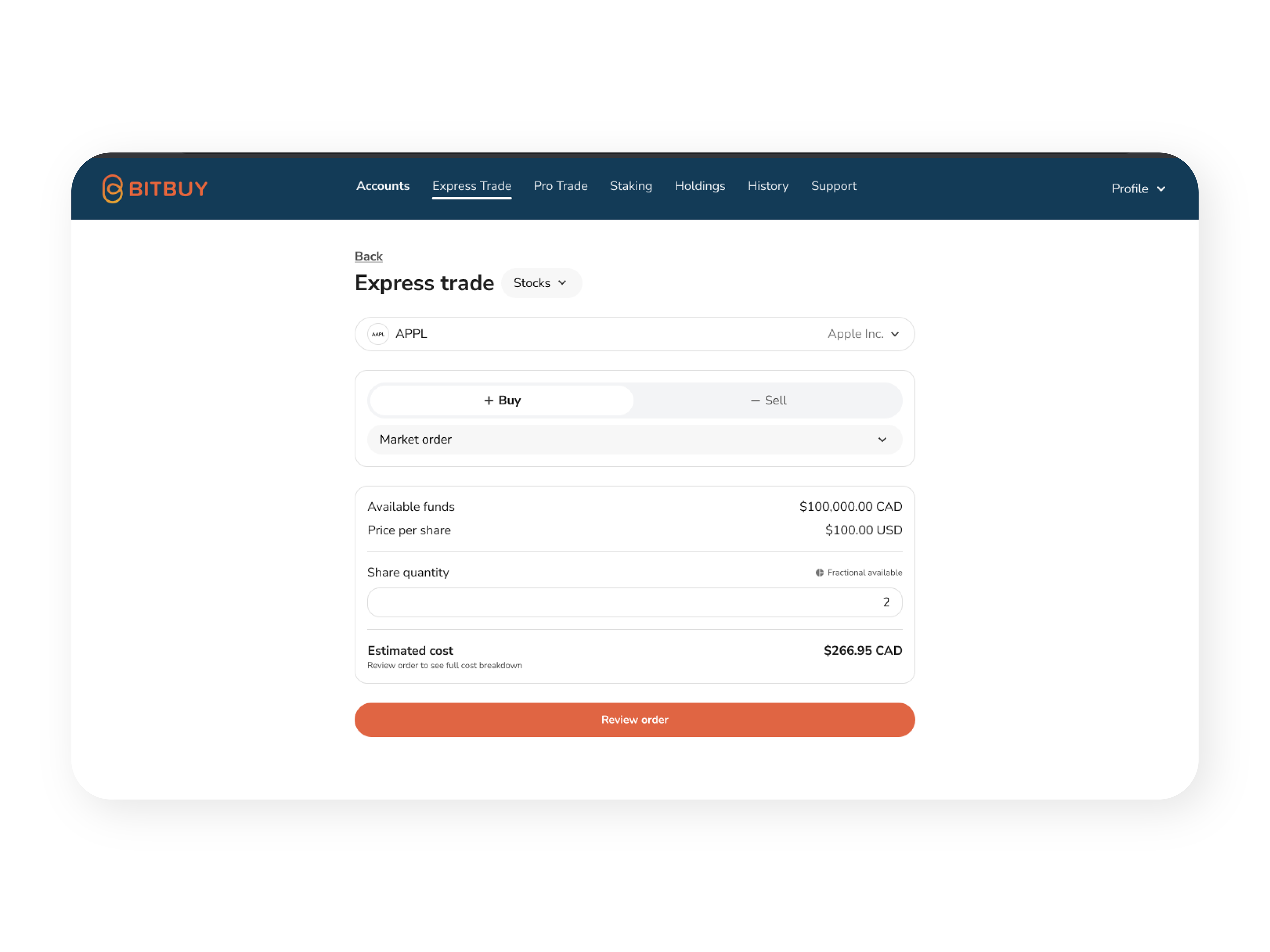Desktop stock trade order 