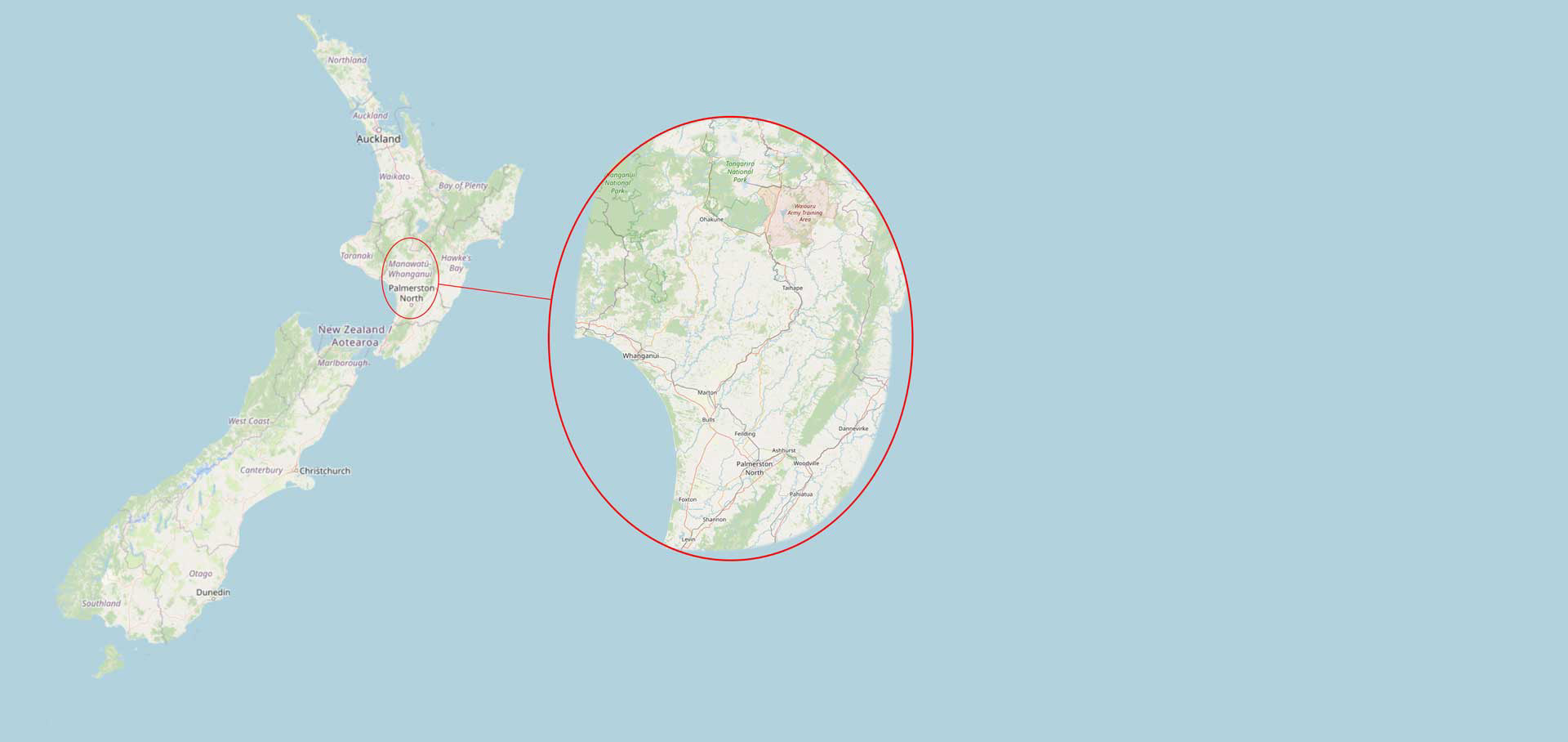 Map of New Zealand with highlight circle showing locations supported by Double Farley for scouting, management, and more.