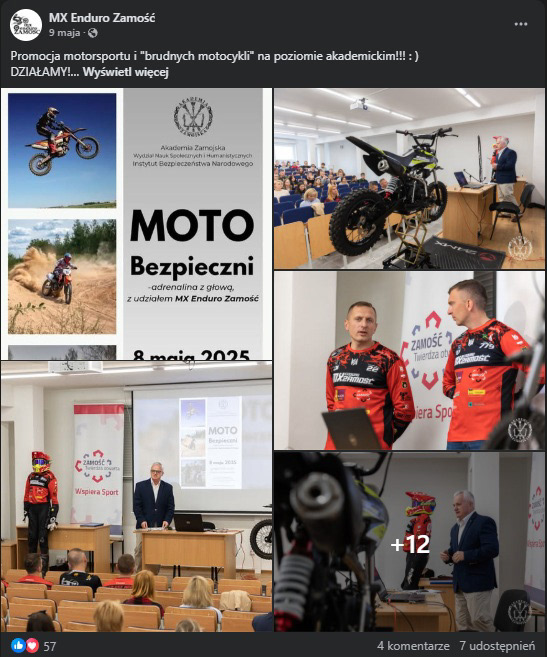 Moje zdjęcia wykorzystane w prezentacji w ramach seminarium z Mx Enduro Zamość. Screen pochodzi z ich strony na Facebooku.