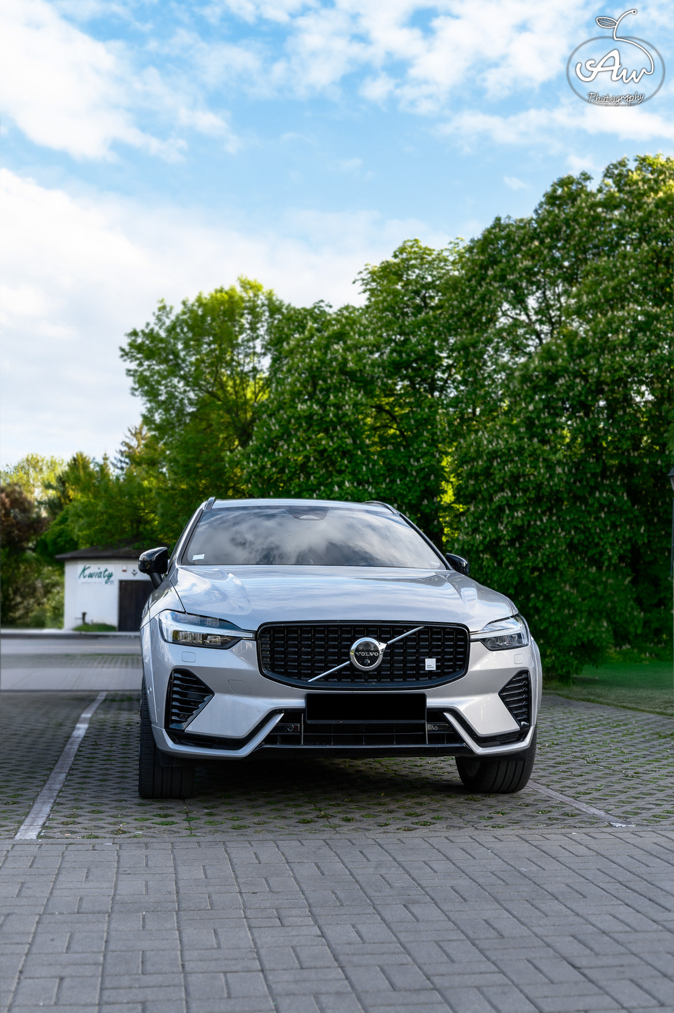 Pojazd uchwycony na parkingu w Zamościu, obok parku.