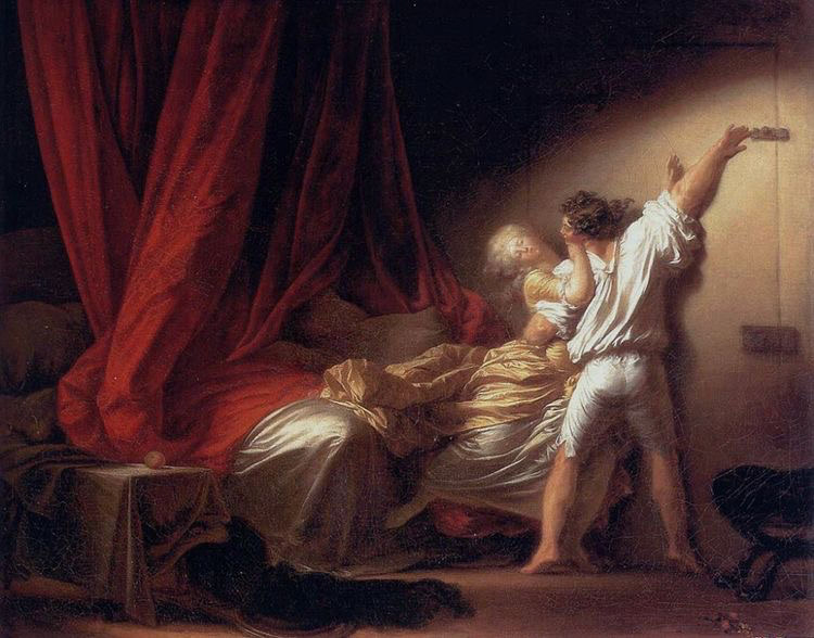 Jean-Honoré Fragonard, “Le Verrou”, 1779. C’est ici la représentation de sujets qui étaient autrefois tabous que l’on devine par une série d'éléments symboliques et par l’utilisation de couleurs sémantiques.