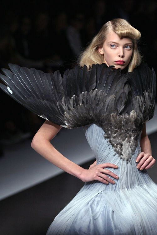 Alexander Mcqueen, spring 2008, prêt à porter. Cette robe me fascine par son aspect symbolique et poétique, les ailes d’oiseau mort faisant référence au dernier envol de la mentor du créateur.