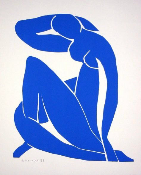 Henri Matisse, “Nu Bleu II”, 1952. J'apprécie particulièrement les collages d’Henri Matisse, notamment “Nu Bleu II” pour sa représentation figurative du corps de la femme, qui prend encore plus de force de par cette couleur uniforme.