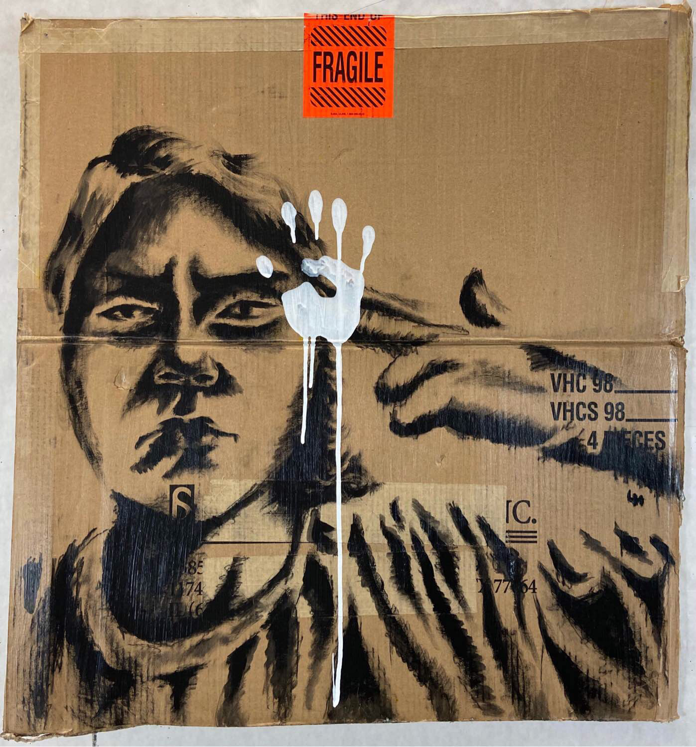 “I Hear You (slow down)” from the series Rumination and Release, 31” x 29 ¼” Cardboard, matte varnish, charcoal pencil, acrylic 2020