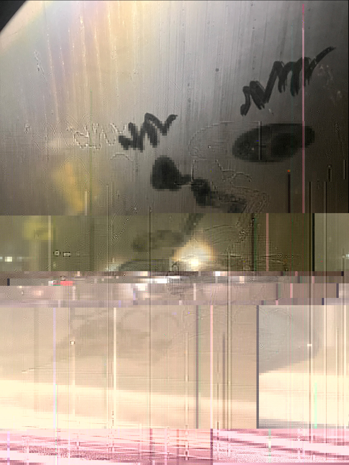 Glitch art of a doodle made on a foggy window.