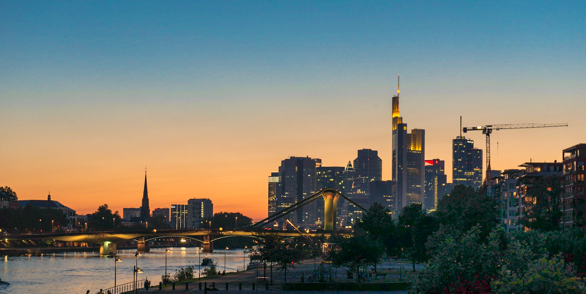 Frankfurt city skyline at sunset