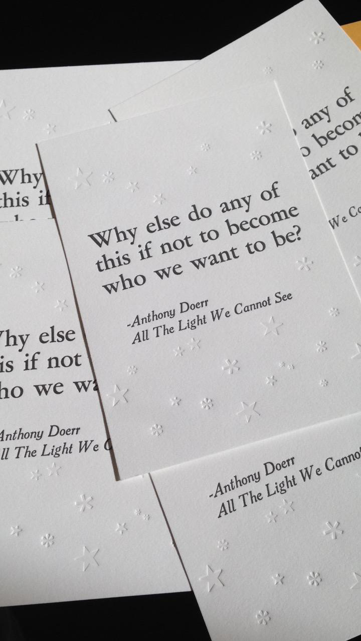 Commissioned work for a graduation gift, with quote from All the Light We Cannot See