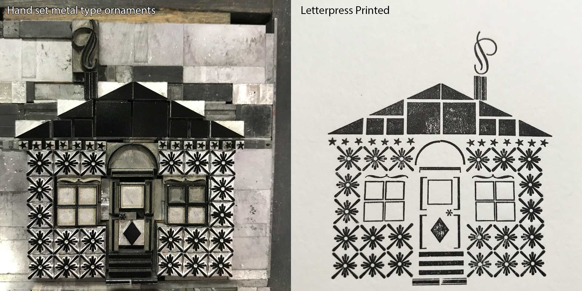 Hand set metal type ornaments in the shape of a house, next to the printed result