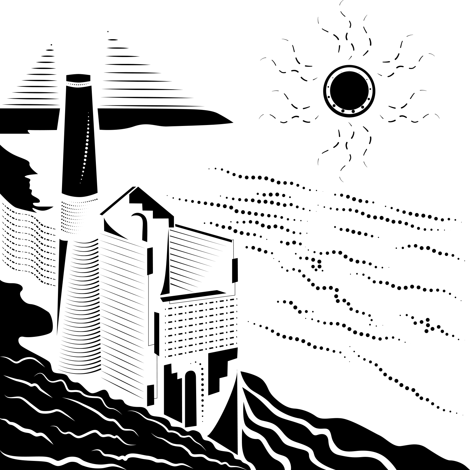 Digital illustration of a building on a beach using the visual principles of point, line, and plane