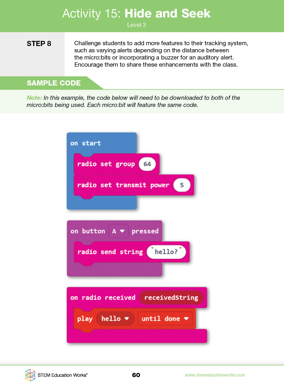 Sample Code, example page from micro:bit booklet