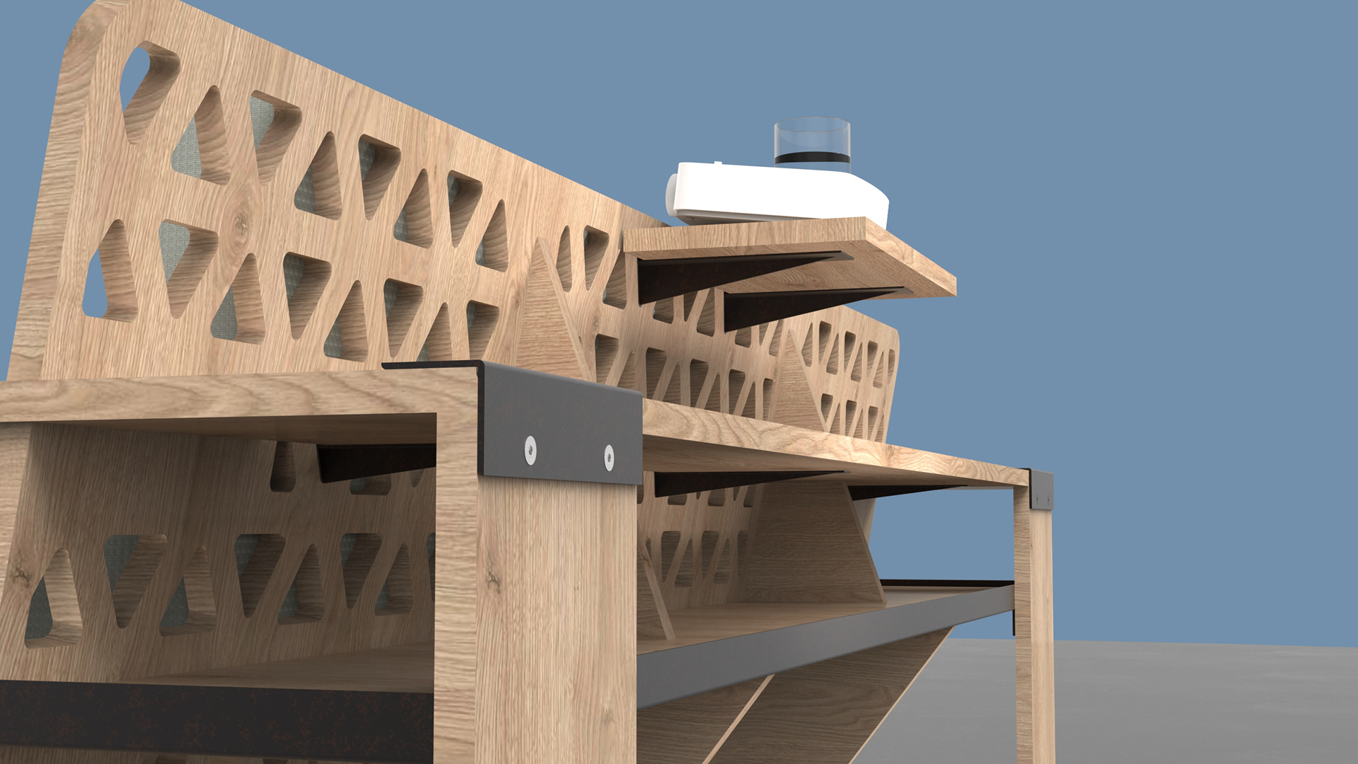 Extension design that allows modular shelving on the back.