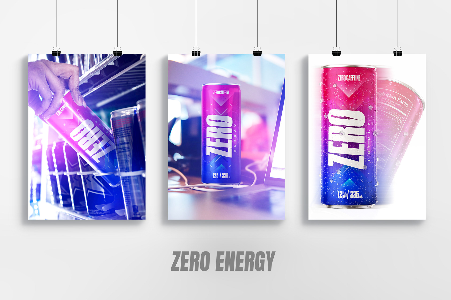 Three photographs hanging showing the ZERO energy drink.