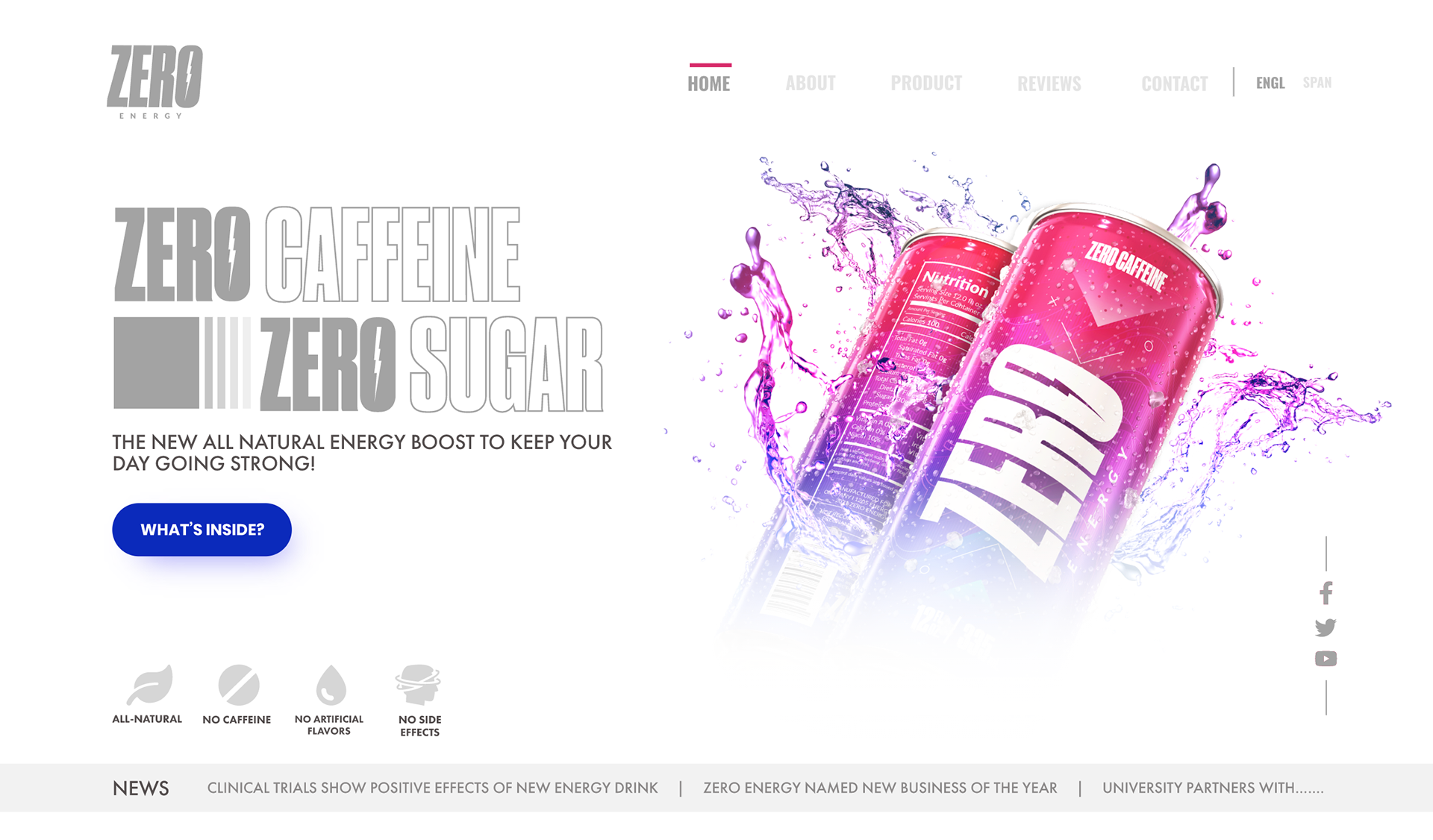Home page of the zero energy website. Shows a two cans floating in the air among liquid.