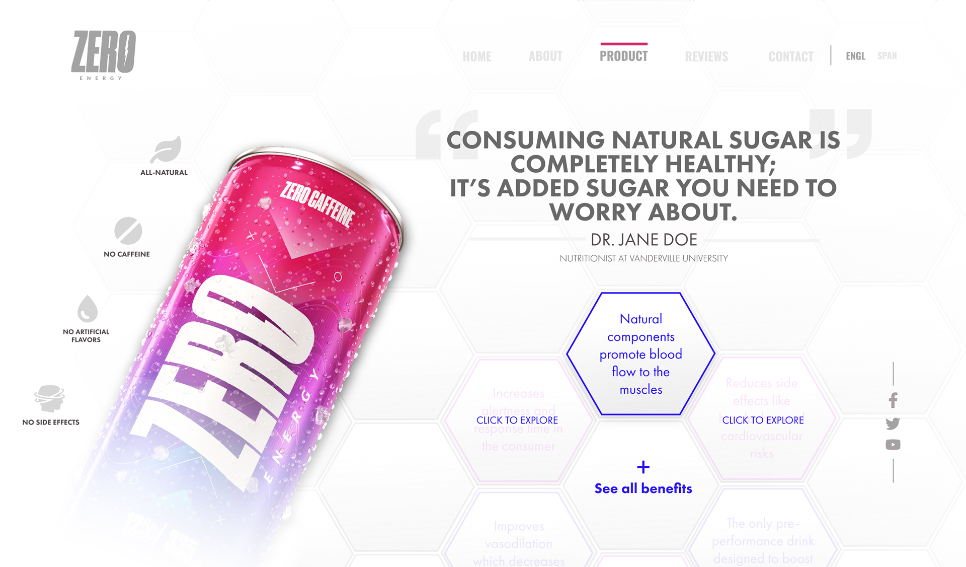 Product page of the zero energy website. It shows the benefits of the drink by showing doctor testimonials.