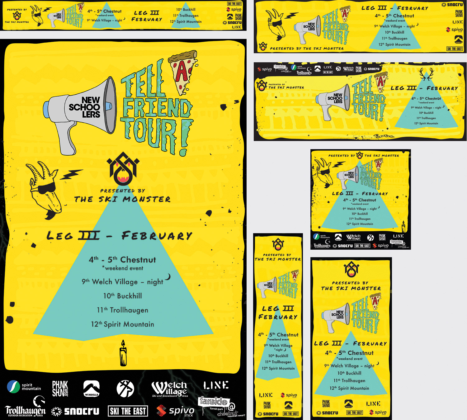 Marketing ads mocked up for a variety of different web banner sizes