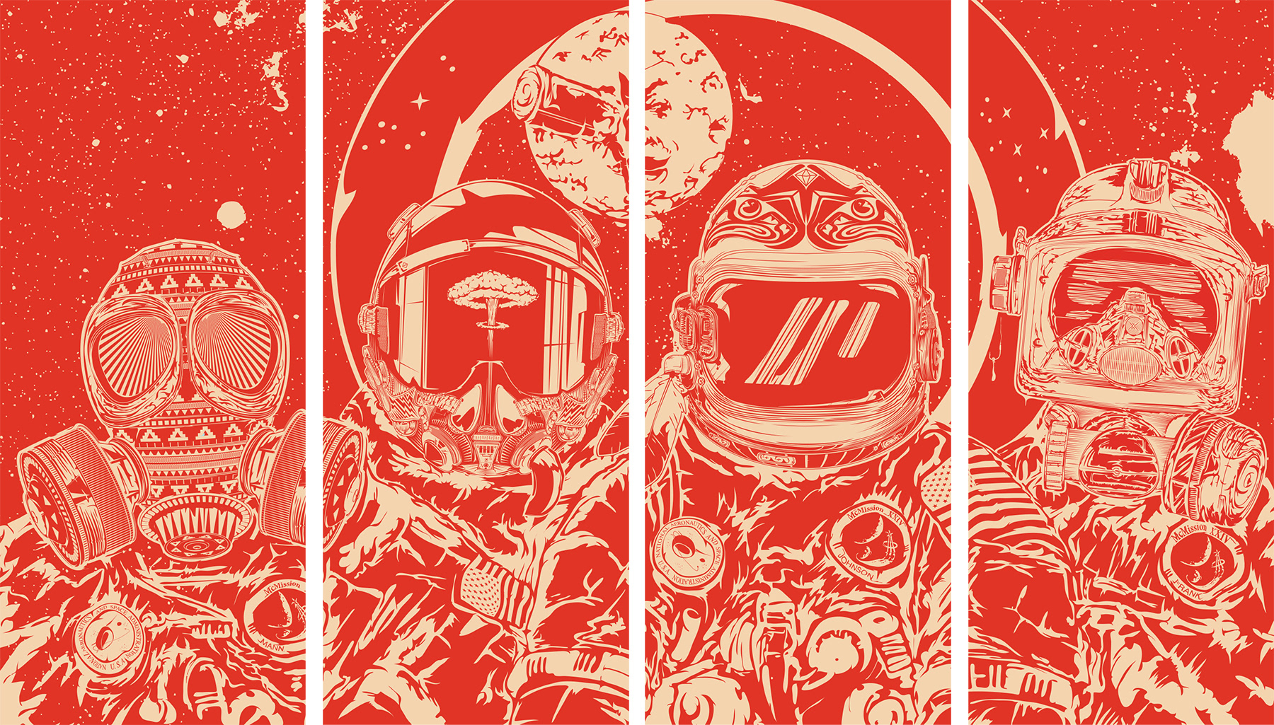 Large overview of 4 masks with cropped panels illustrated with background art // Christopher Lisle