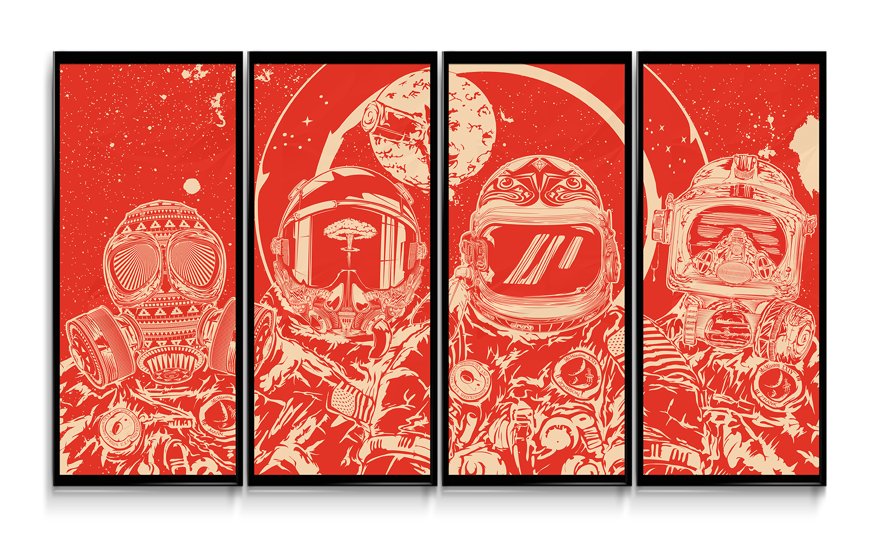 Modern mask illustration broken into 4 panels, Originally shown in 2013