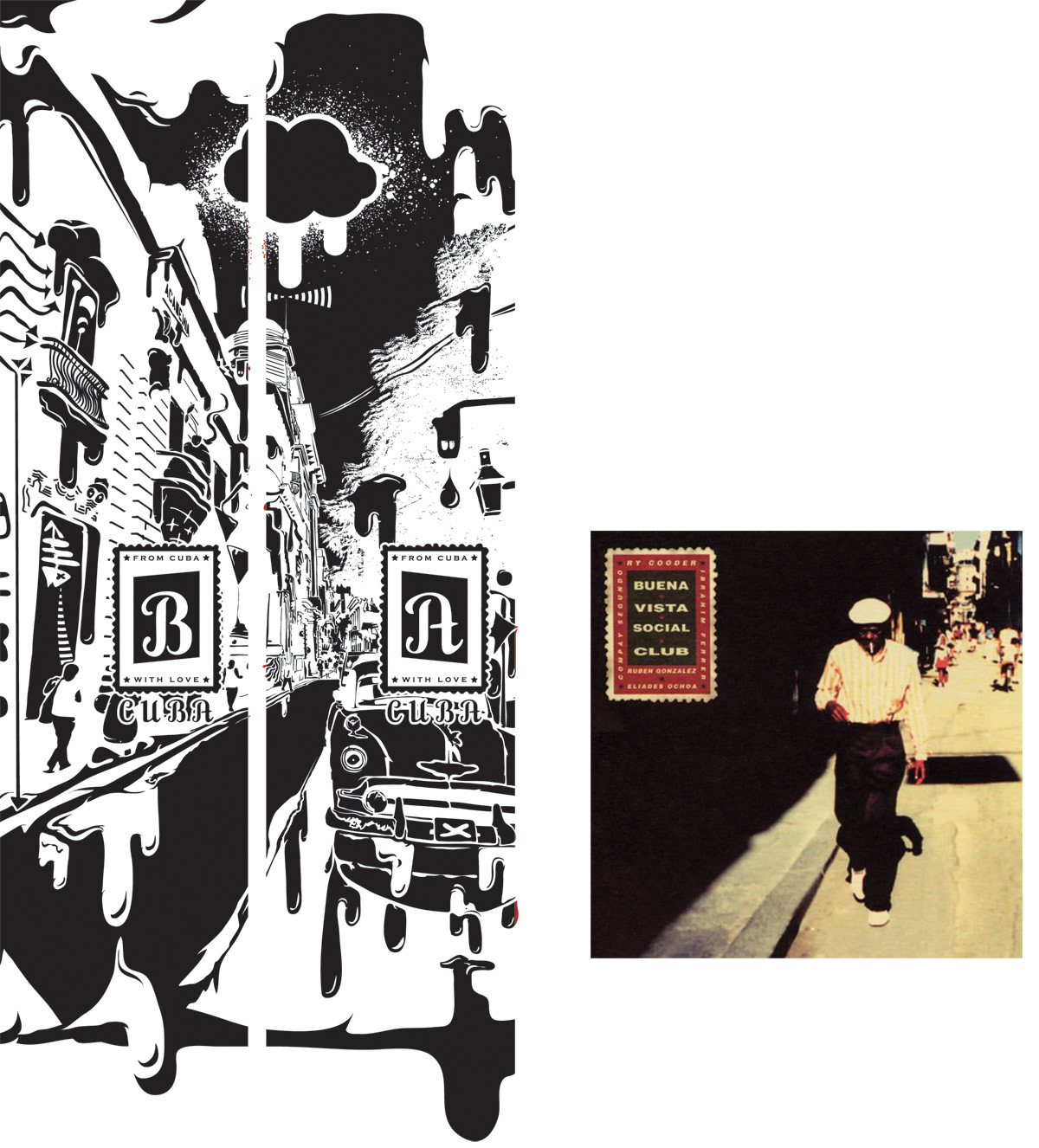Artwork breakout for vinyl printing and inspiration for the 'cuba' text from Buena Vista Social Club album artwork