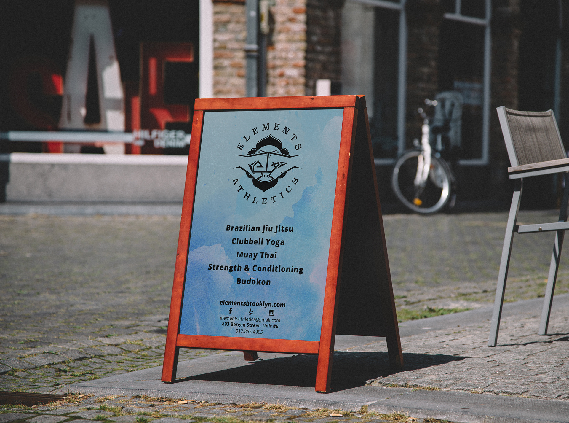 Elements Athletics A-frame and store signage