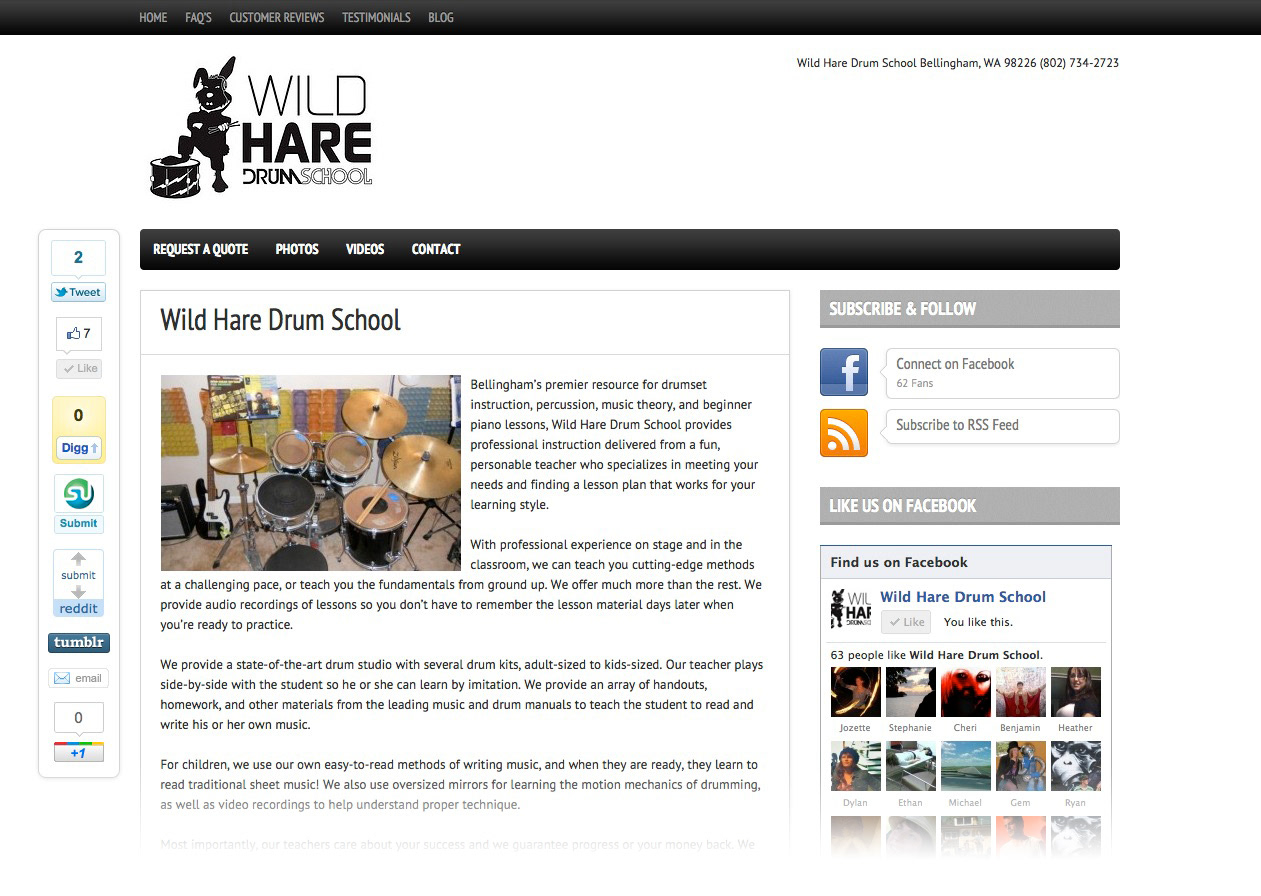 Wild Hare Drum School logo displayed on website