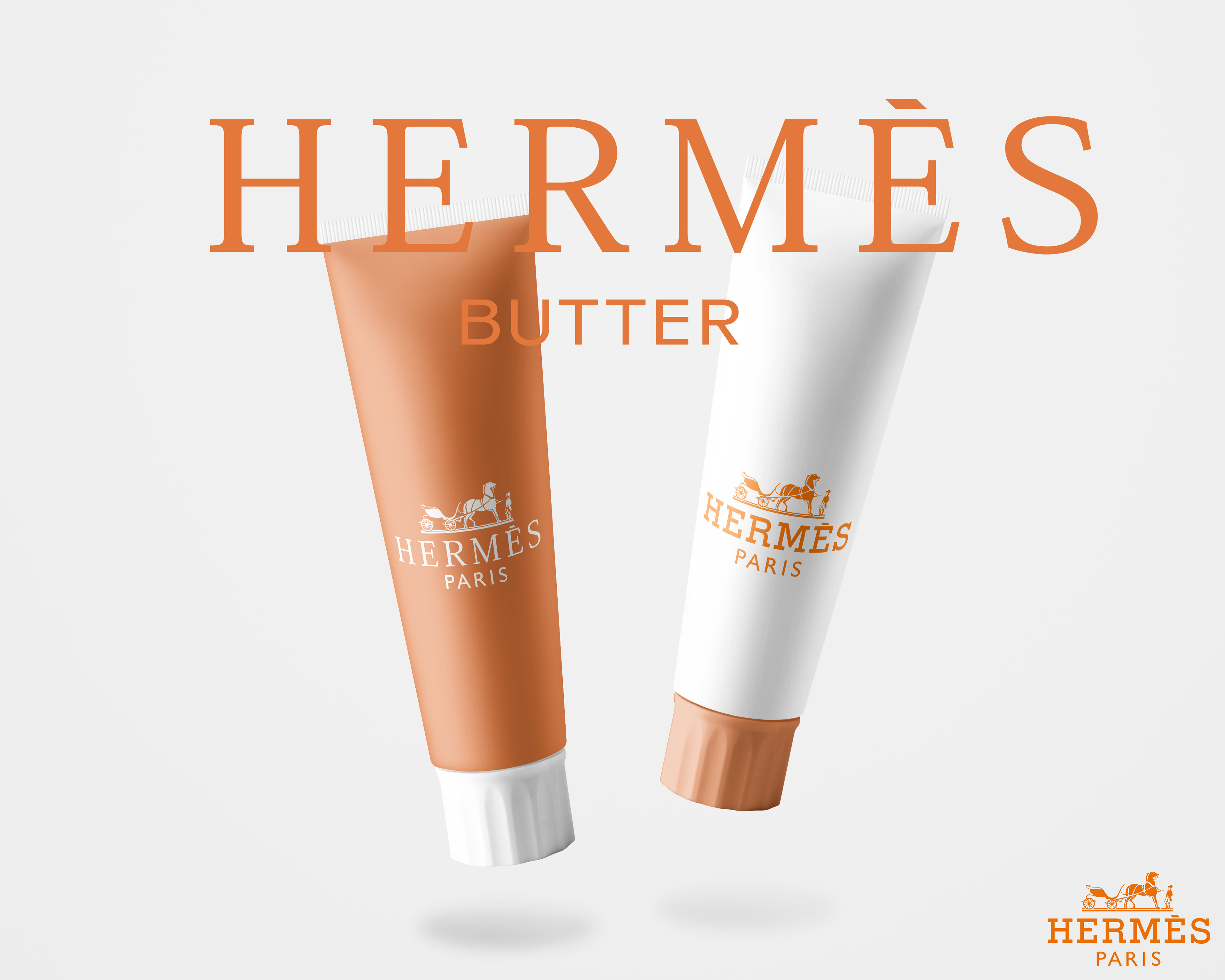 Affiche publicitaire réalisée dans le cadre de mes cours dont l'objectif était de mélanger une marque, un produit et un packaging différent. Ici nous avons du beurre Hermes dans des tubes de dentifrice.