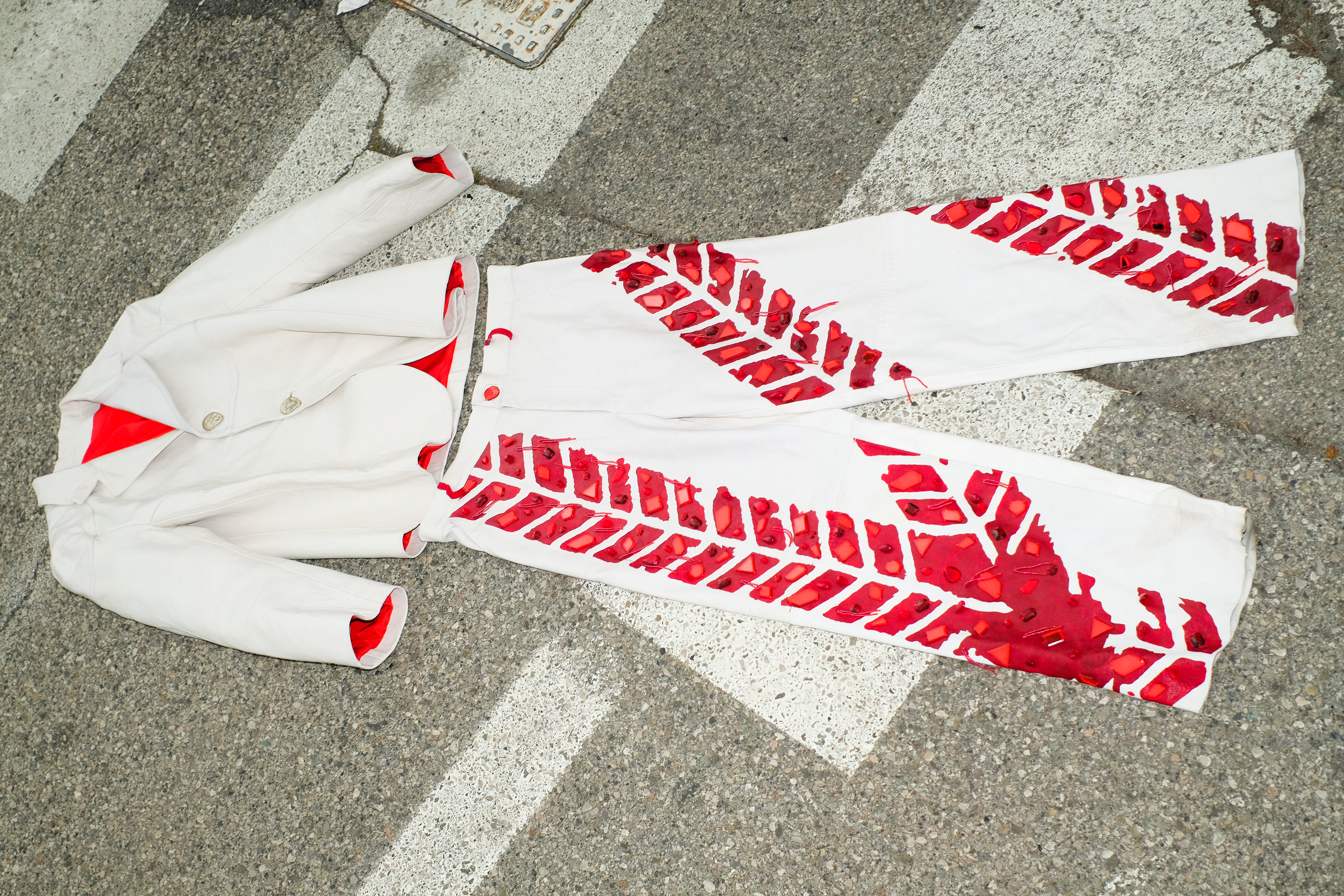 Moto leather suit + mud blood embroidery leath. sequins pants