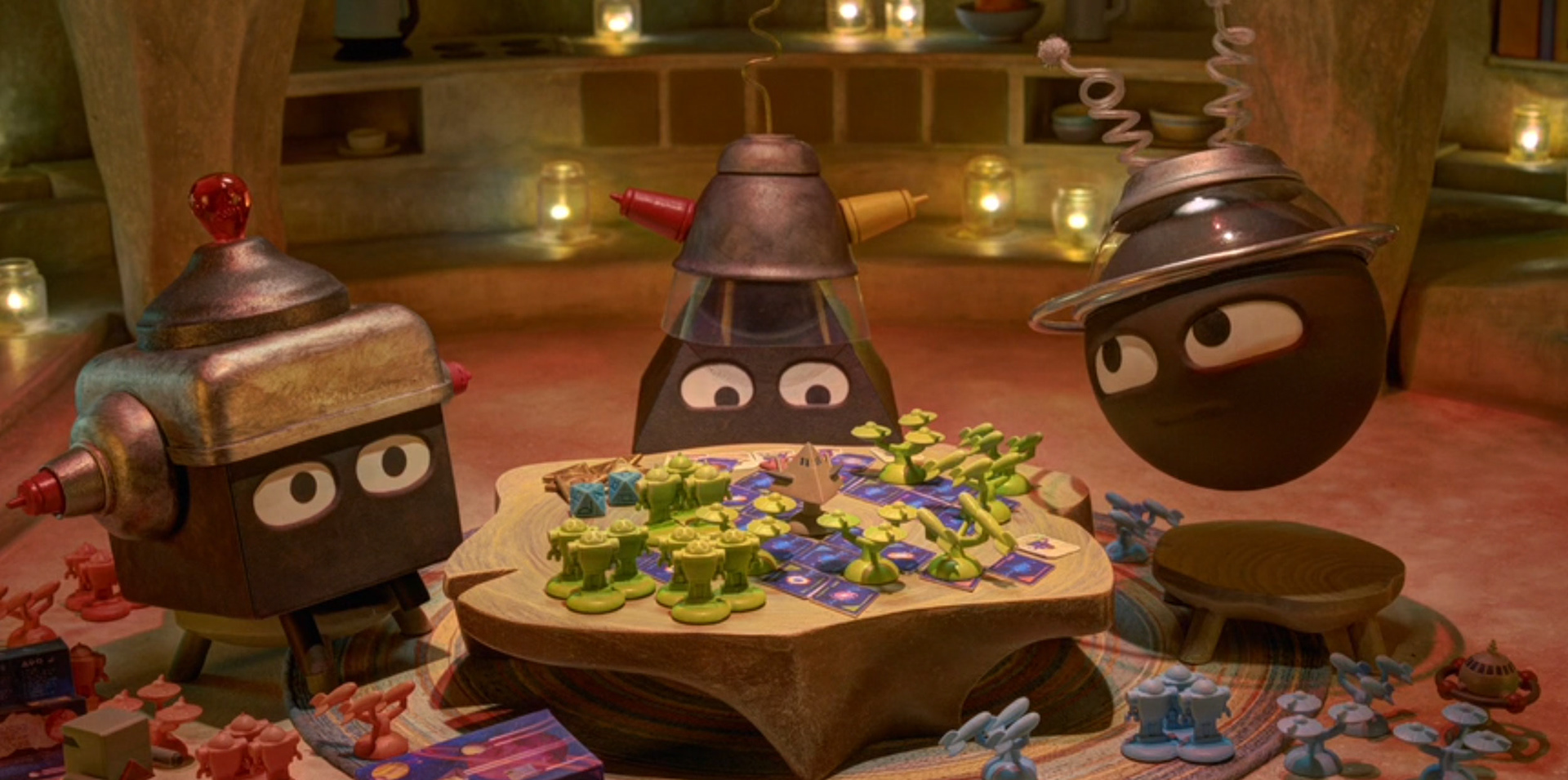 Characters playing Stellar Chronicles board game - movie still