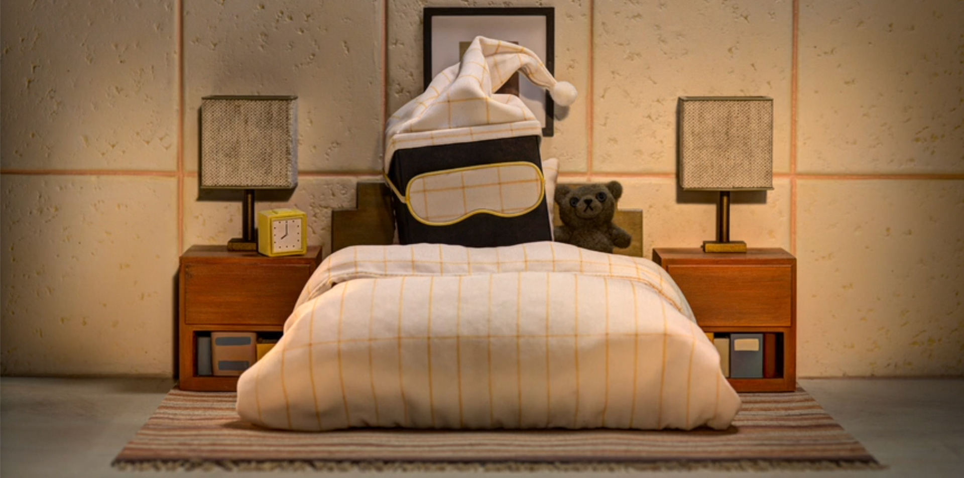 Square in his bedroom with fabric examples - movie still