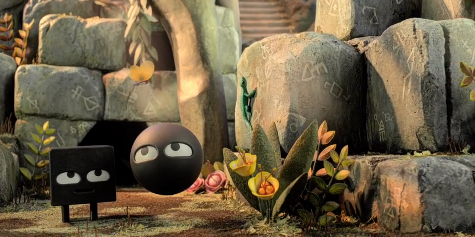 Circle and Square with hieroglyphics on ruins - movie still