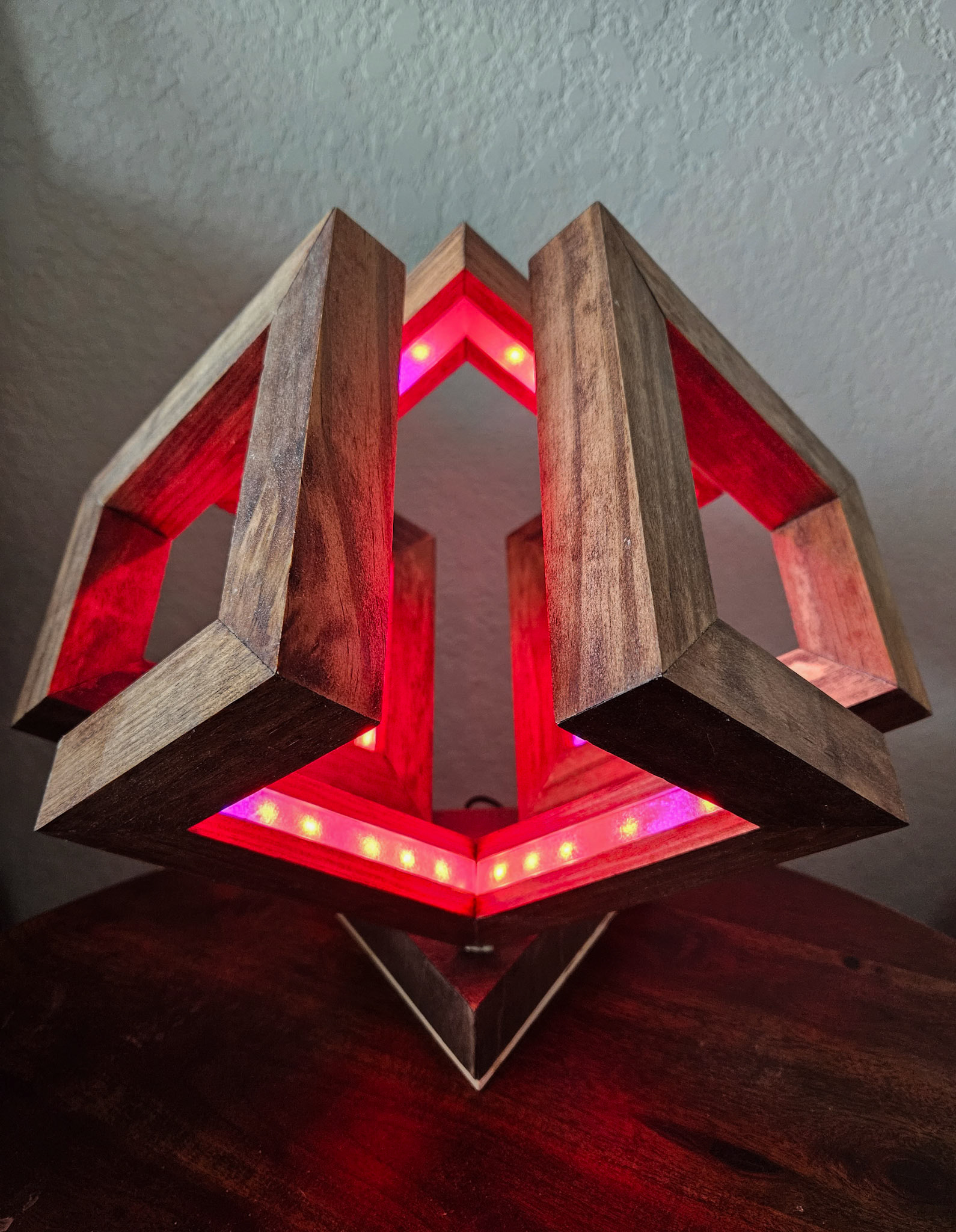 "Mobius Cube" Media: pine, LEDs, wire.