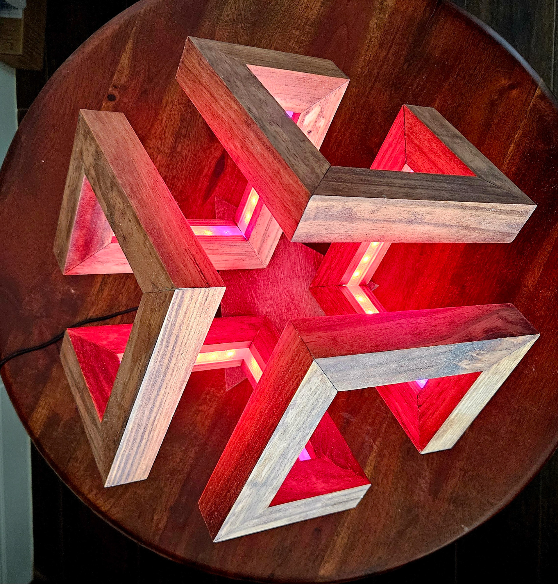 "Mobius Cube" Media: pine, LEDs, wire.
