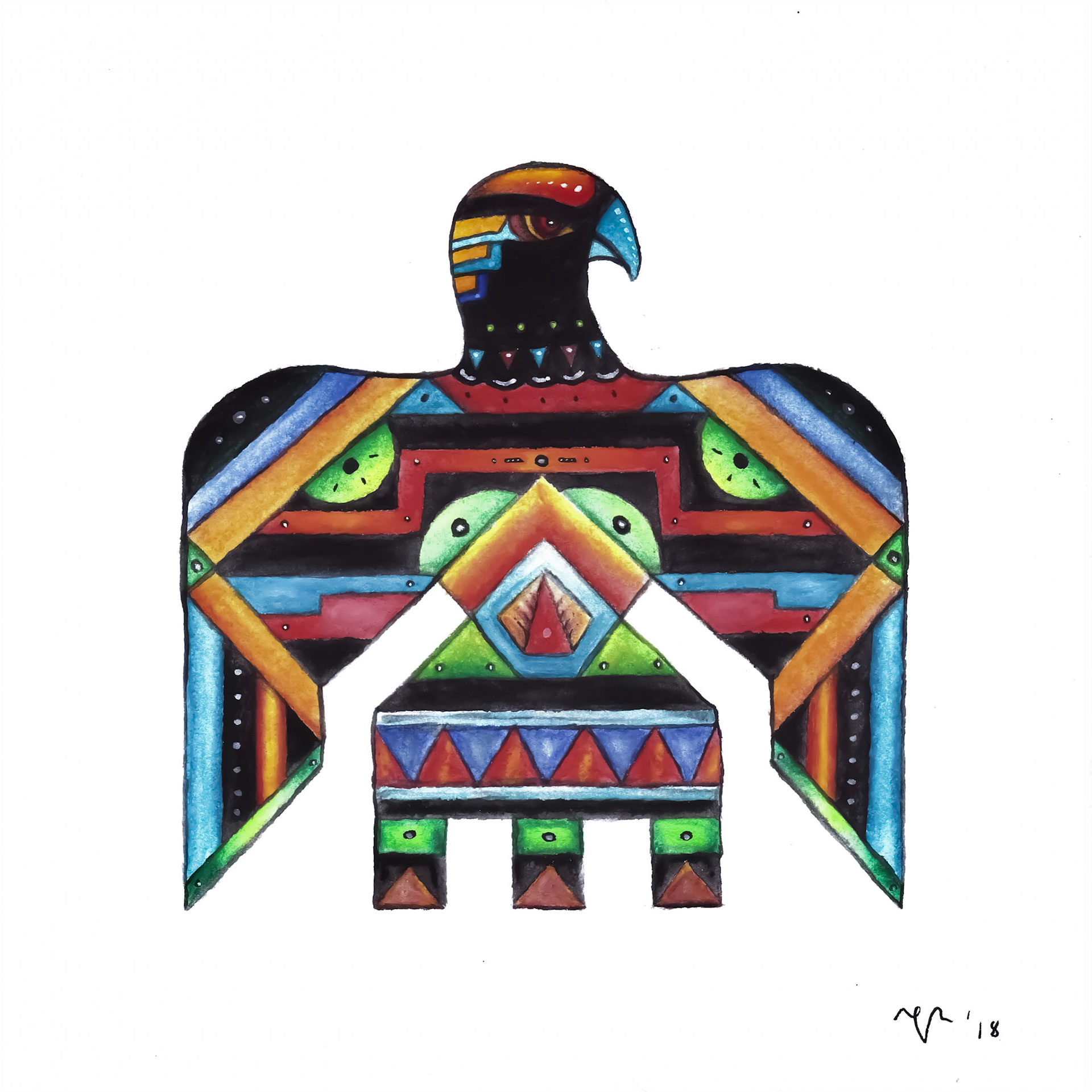 "Thunderbird" Media: watercolor, ink, pressed cotton.