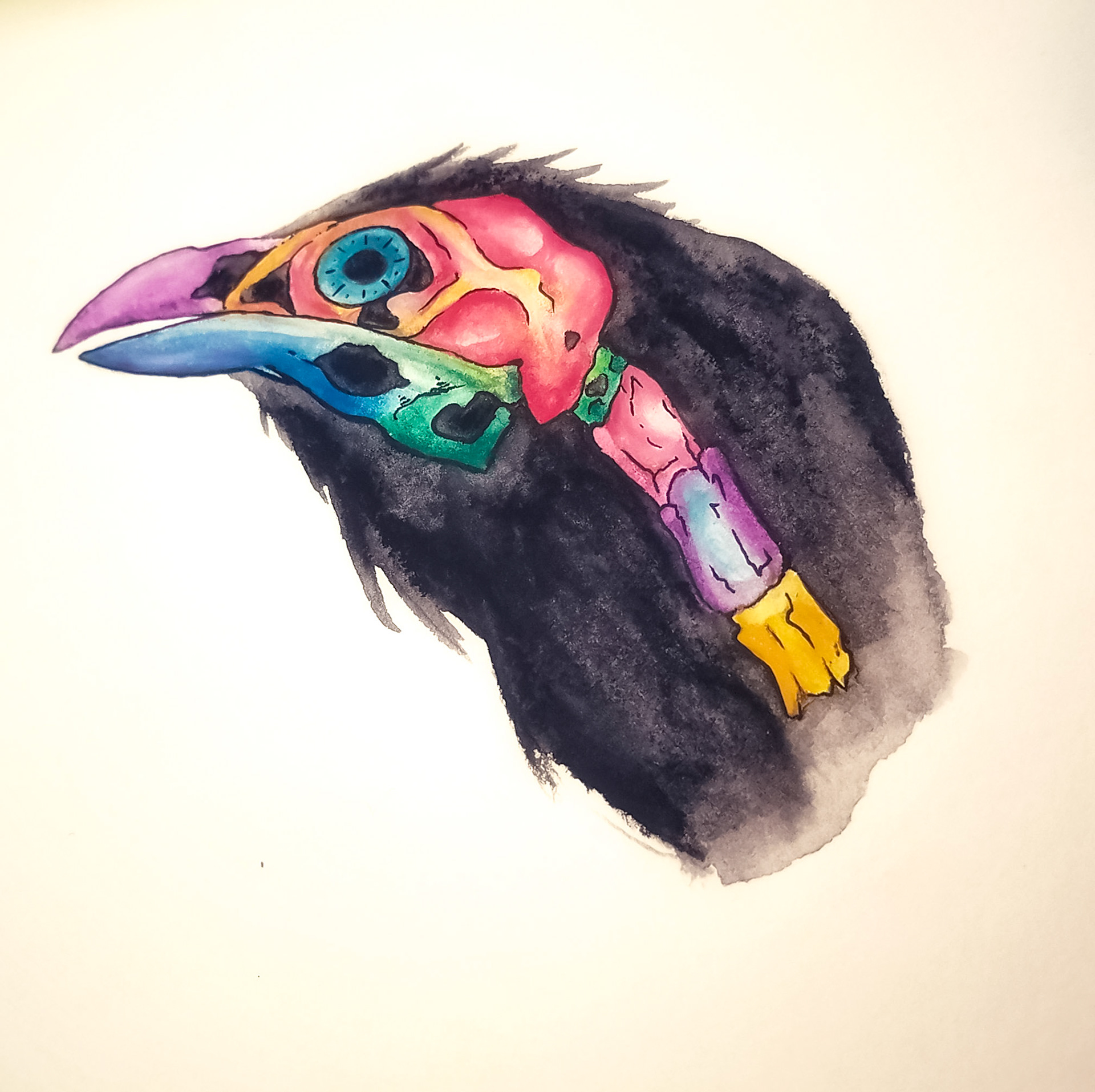 "Corvorated" Media: watercolor, ink, pressed cotton.