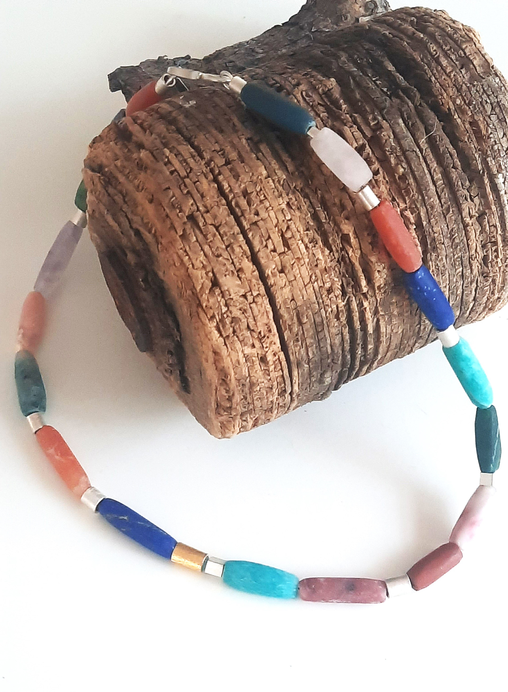 Kette, 935 Silber, Feingold, Lapislazuli, Karneol, Amazonit, Fuchsit...