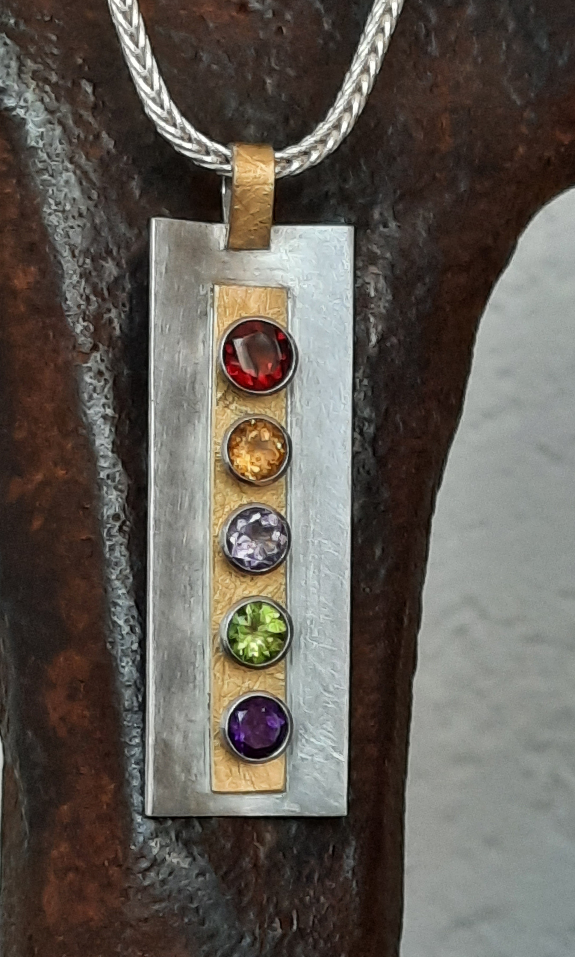 Anhänger, 925 Silber, Feingold, Granat, Citrin, Heller und dunkler Amethyst, Peidot