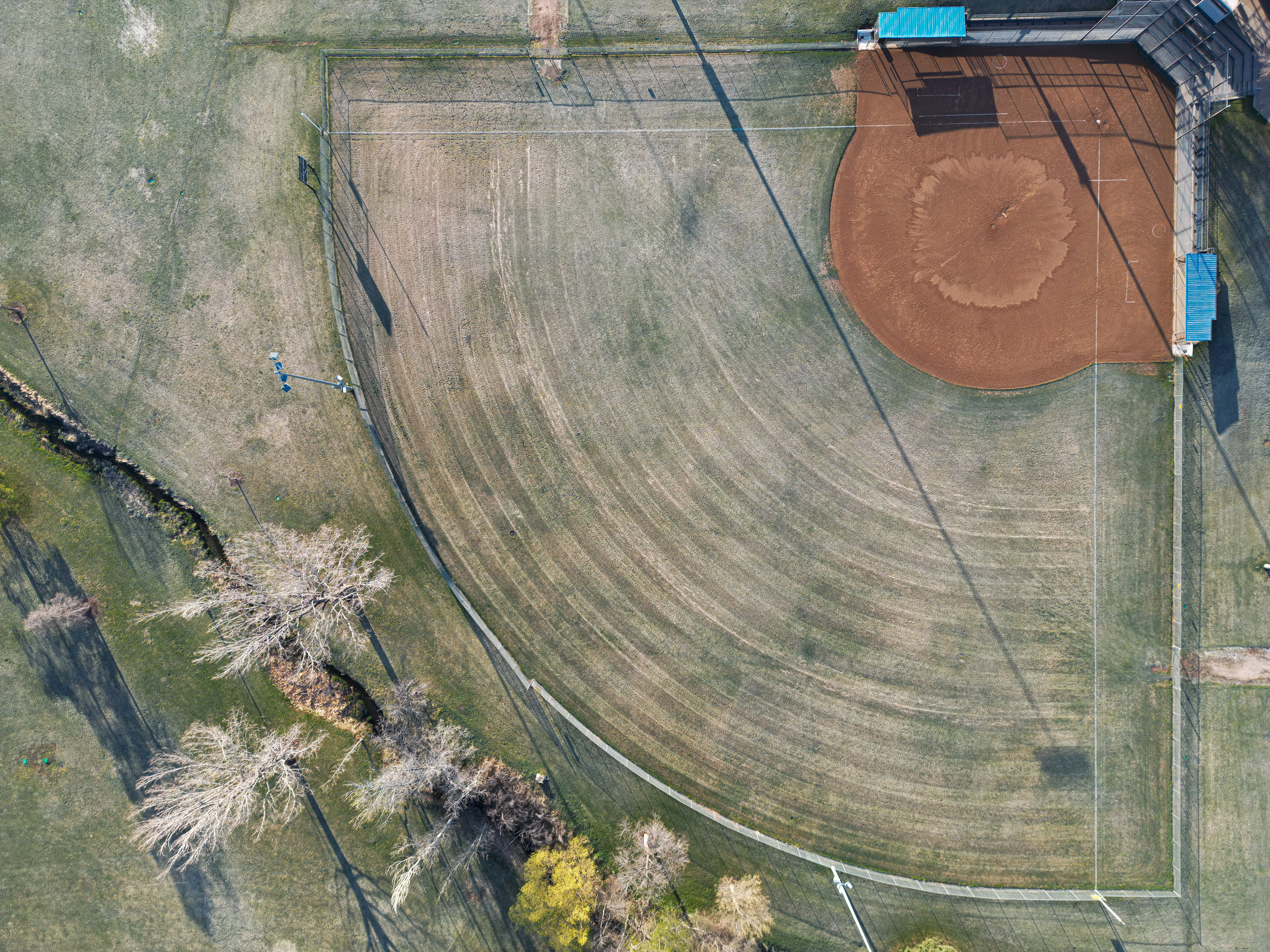 vertical top-down drone image of the Rolland Moore Park Softball & Baseball Fields in Fort Collins, Colorado.