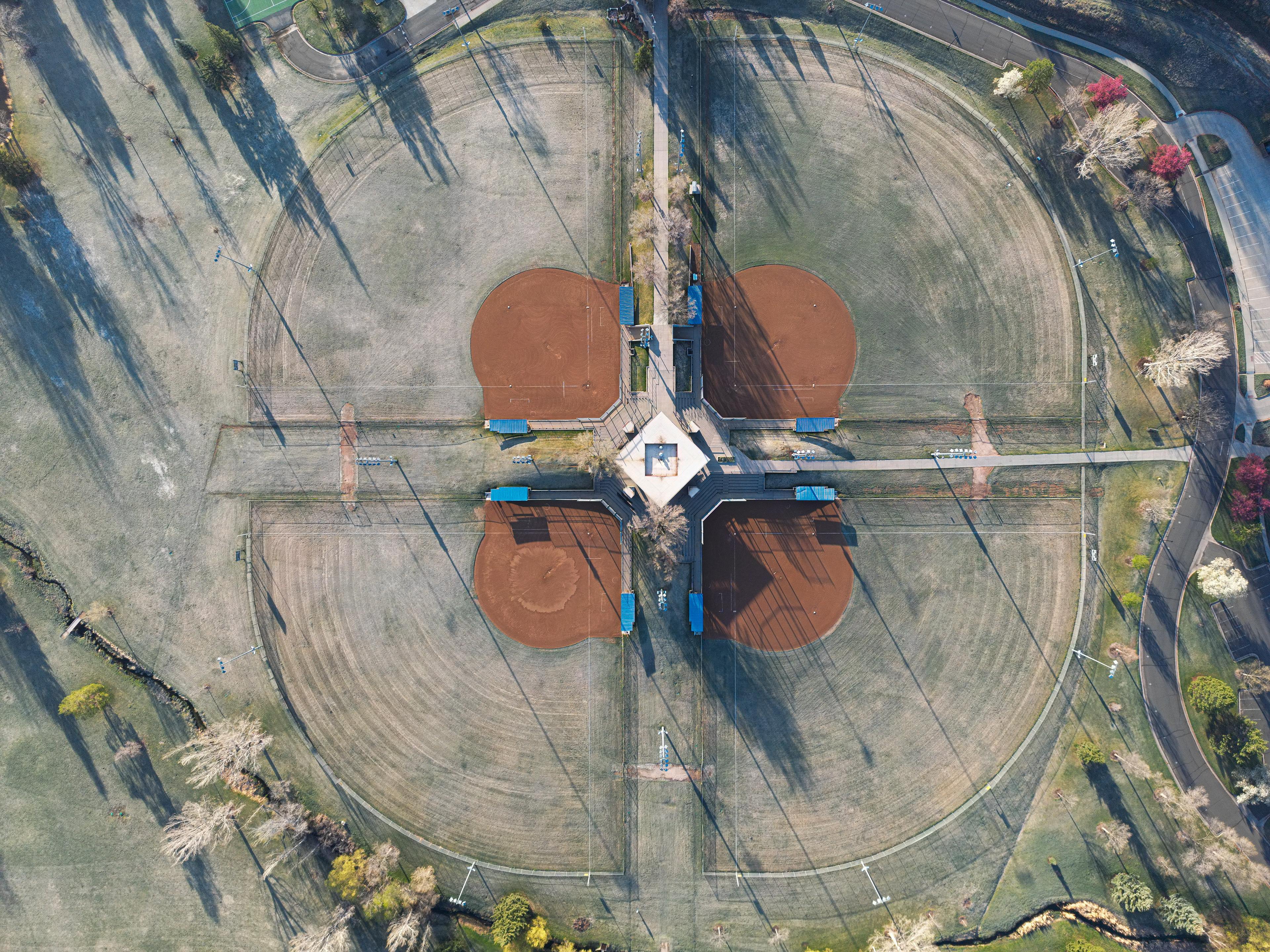 vertical top-down drone image of the Rolland Moore Park Softball & Baseball Fields in Fort Collins, Colorado.