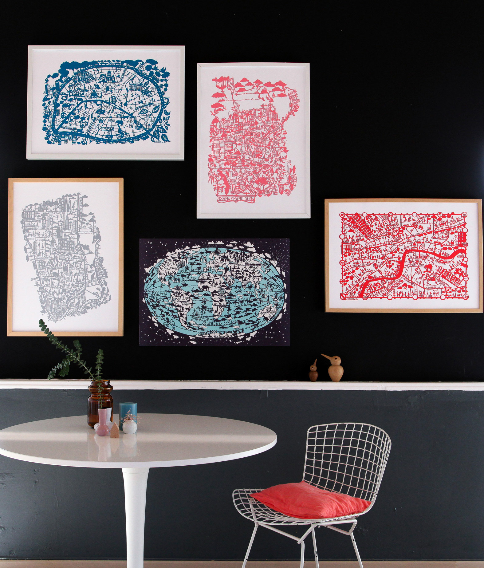 Hand Screen Prints Starting Top Left: Paris, San Francisco, London, Map of the World, New York City 