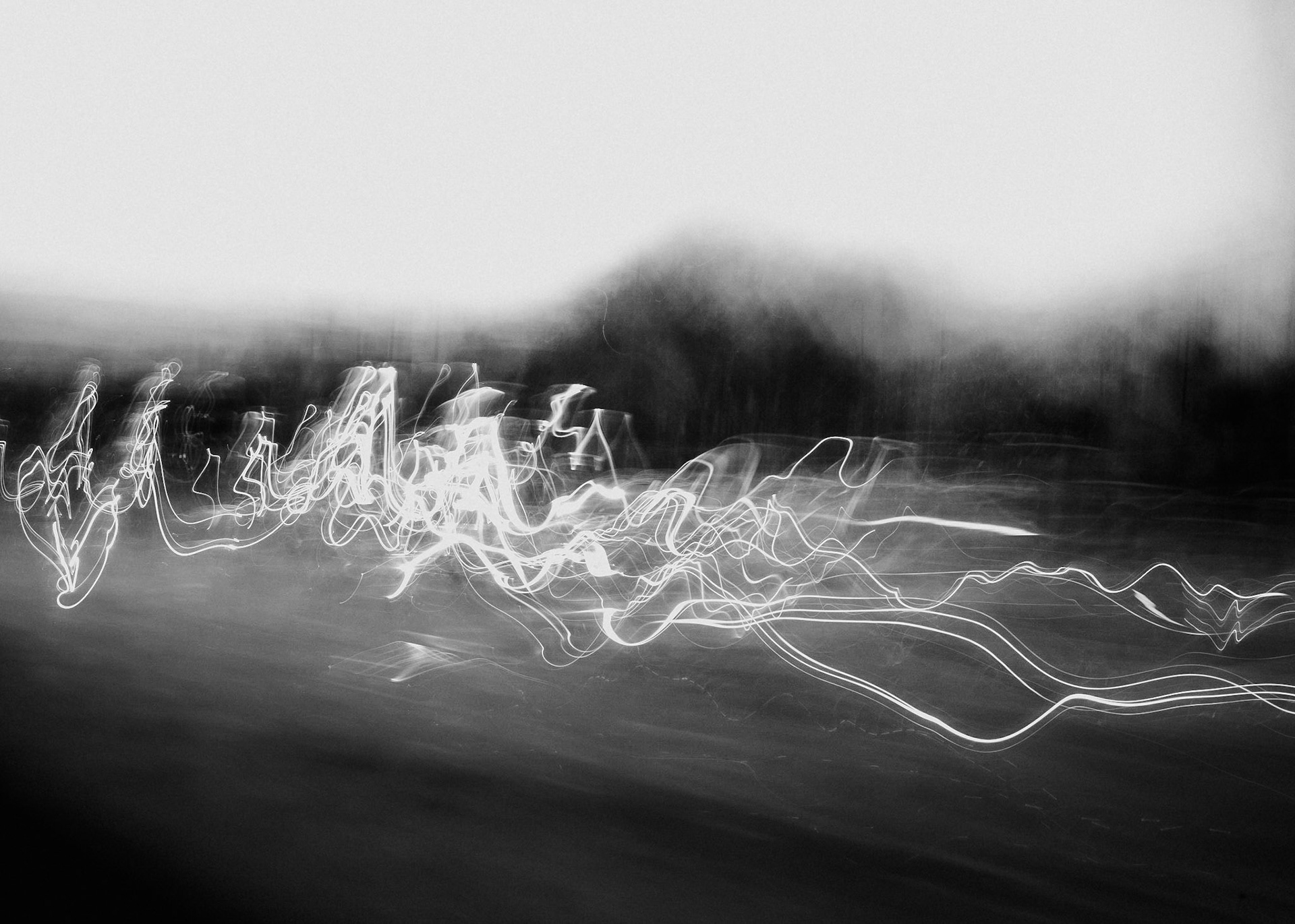 Light crossing brightly, dark wood beyond
